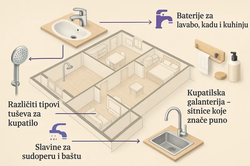 Infographic sa prikazom slavina, tuševa i galanterije za kupatilo i kuhinju - Aria.rs