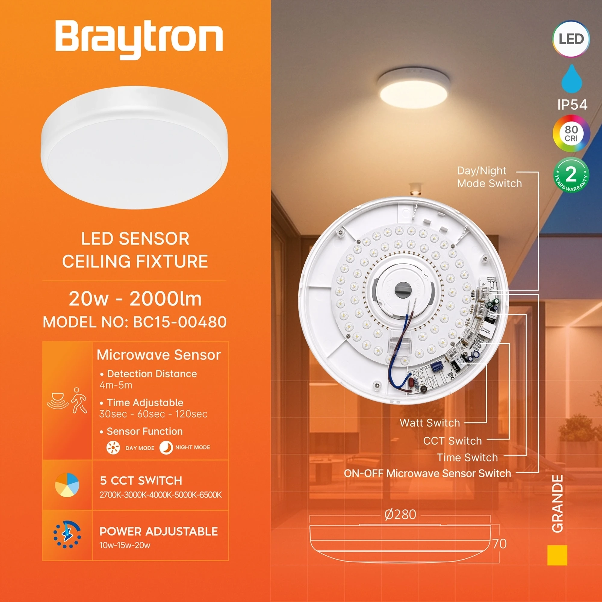 LED plafonjera 20W 5IN1 sa senzorom IP54 Braytron Grande - Слика 3