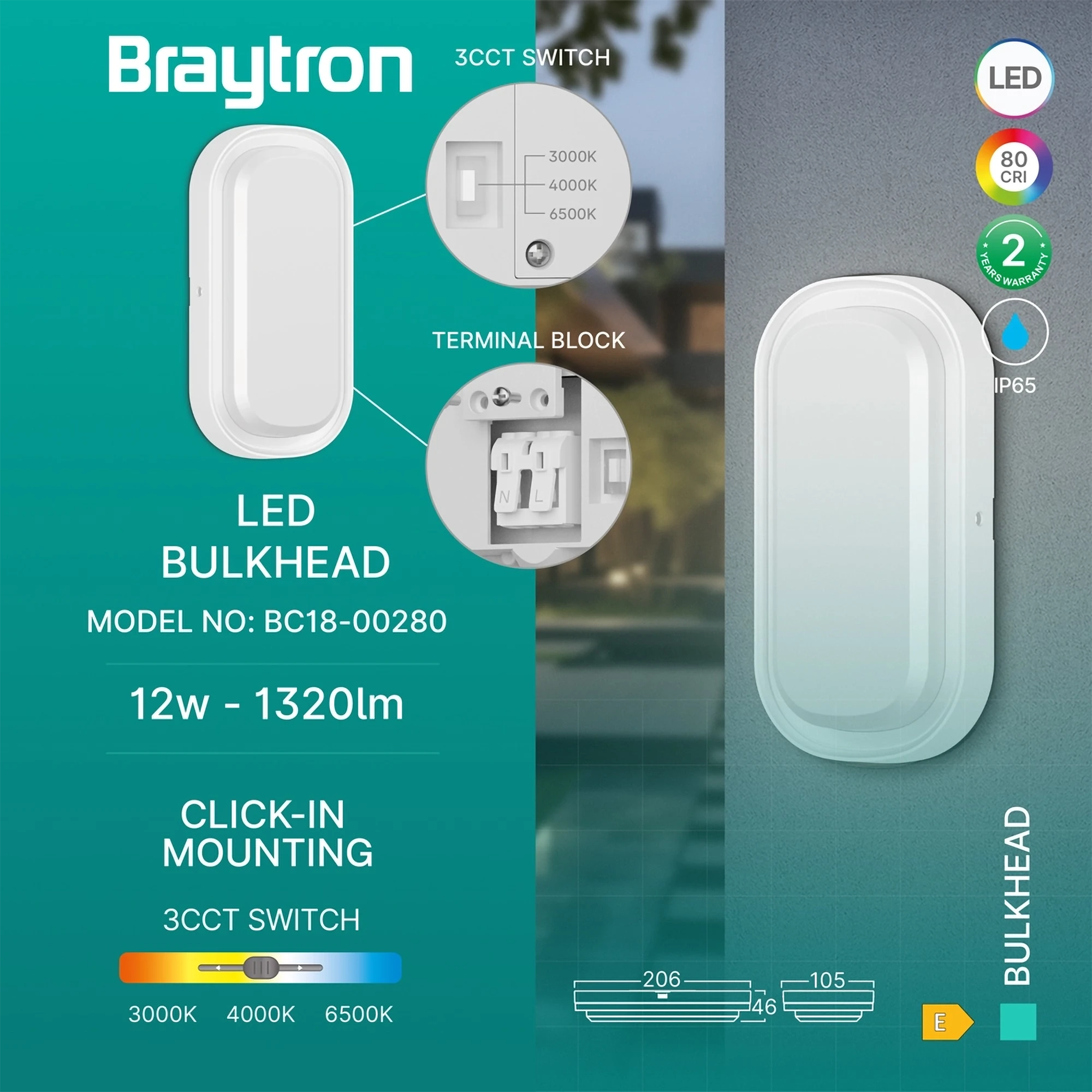 LED brodska svetiljka elipsa 12W CCT bela IP65 Braytron Bulkhead - Слика 3
