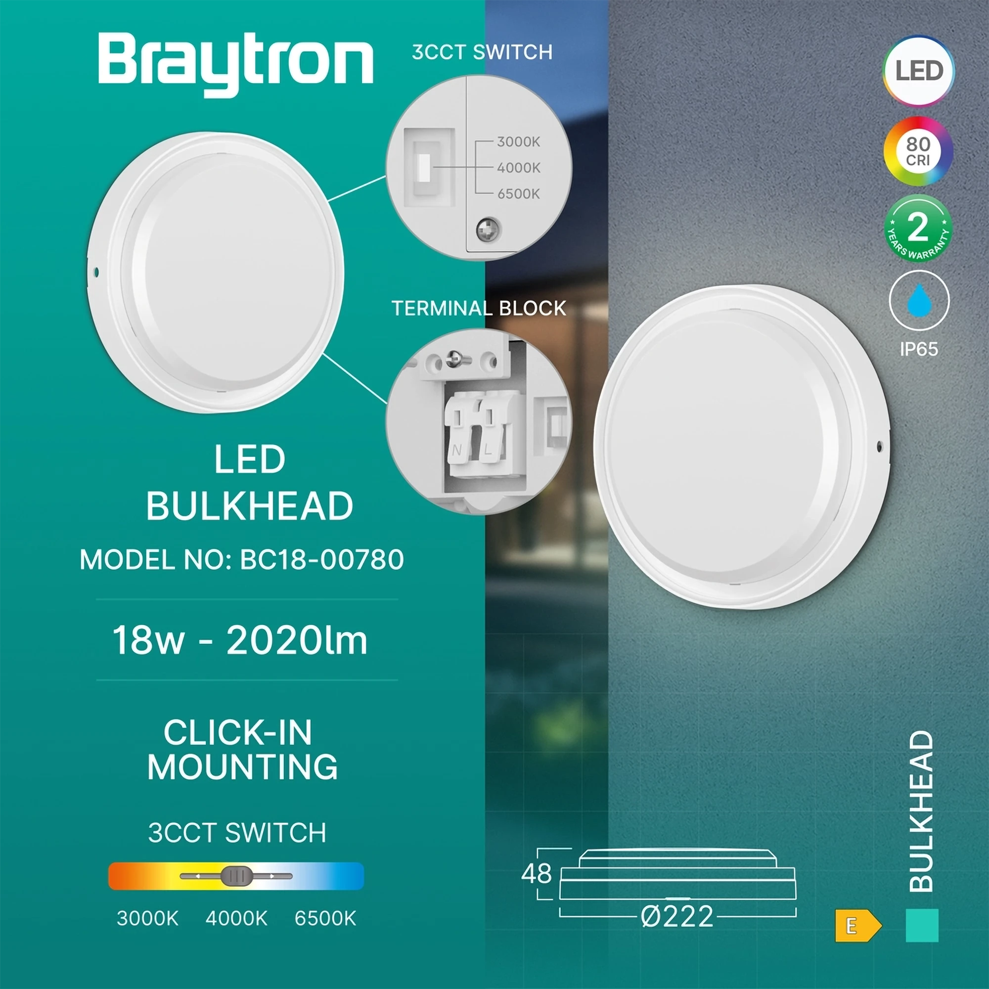 LED brodska svetiljka okrugla 18W CCT bela IP65 Braytron Bulkhead - Слика 3