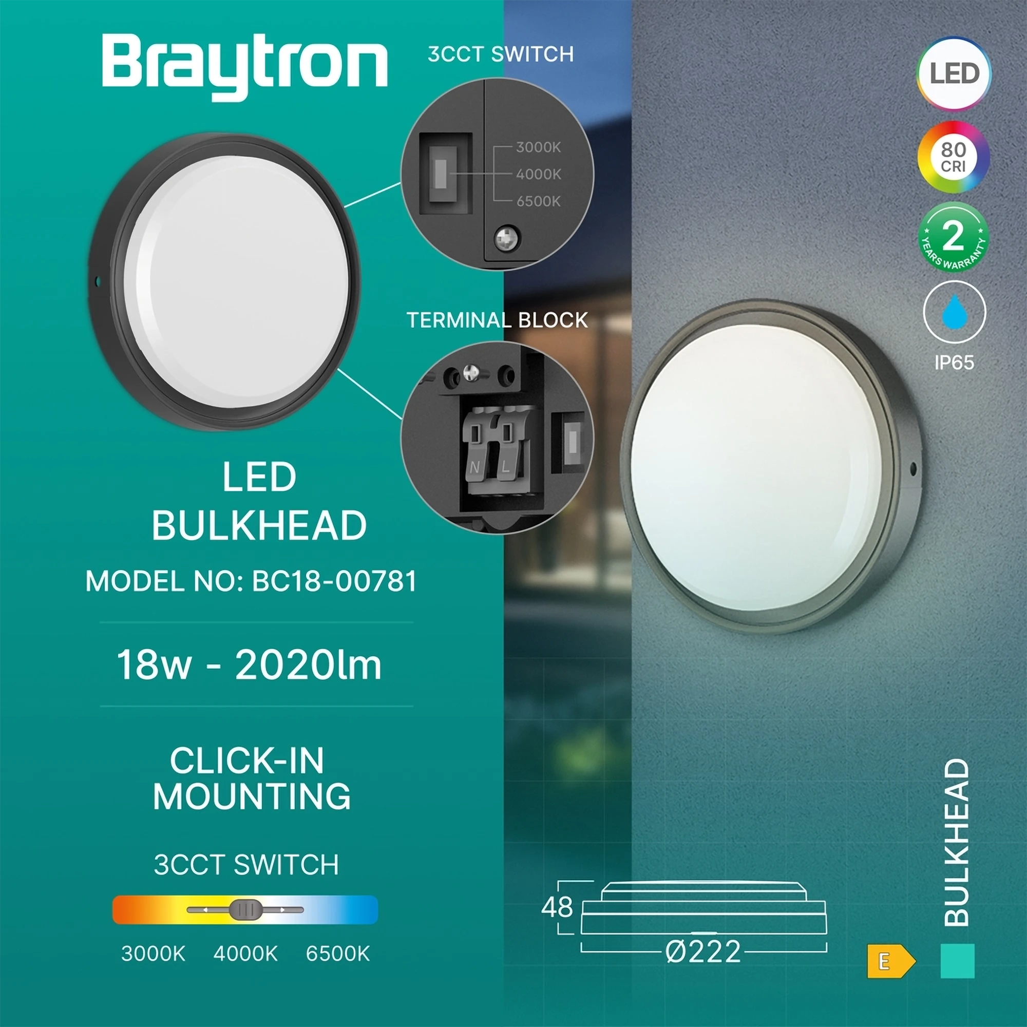 LED brodska svetiljka okrugla 18W CCT crna IP65 Braytron Bulkhead - Слика 3