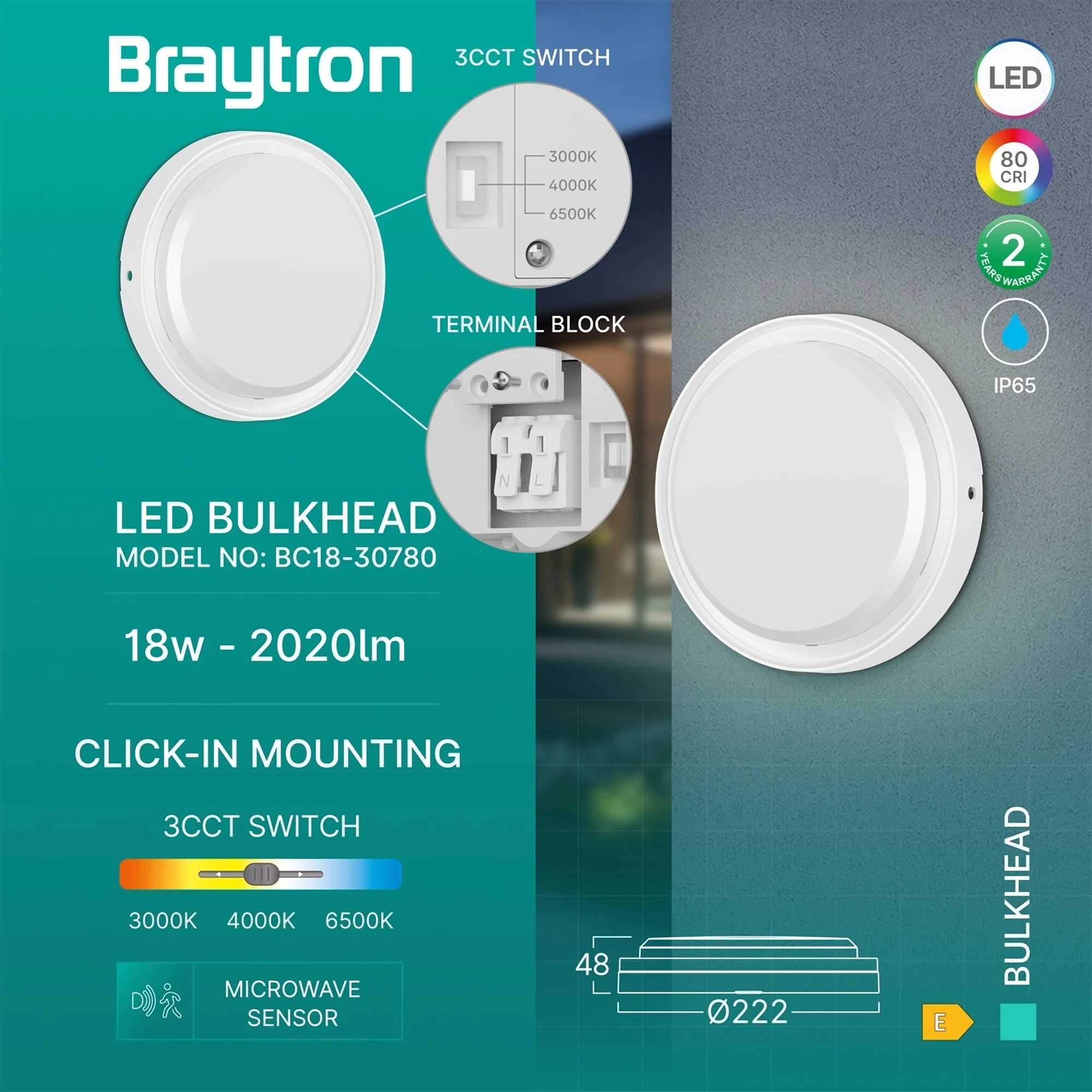LED brodska svetiljka okrugla 18W CCT sa senzorom bela IP65 Braytron Bulkhead - Слика 3