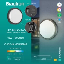 LED brodska svetiljka okrugla 18W CCT sa senzorom crna IP65 Braytron Bulkhead