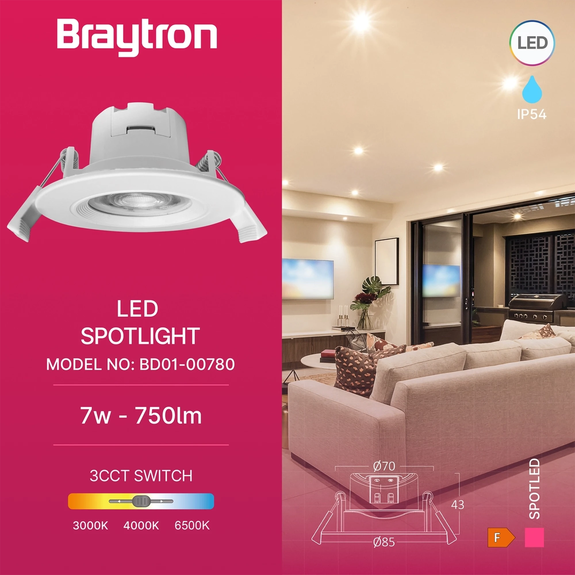 LED spot svetiljka okrugla 7W bela CCT IP54 Braytron SpotLED G3 - Слика 3