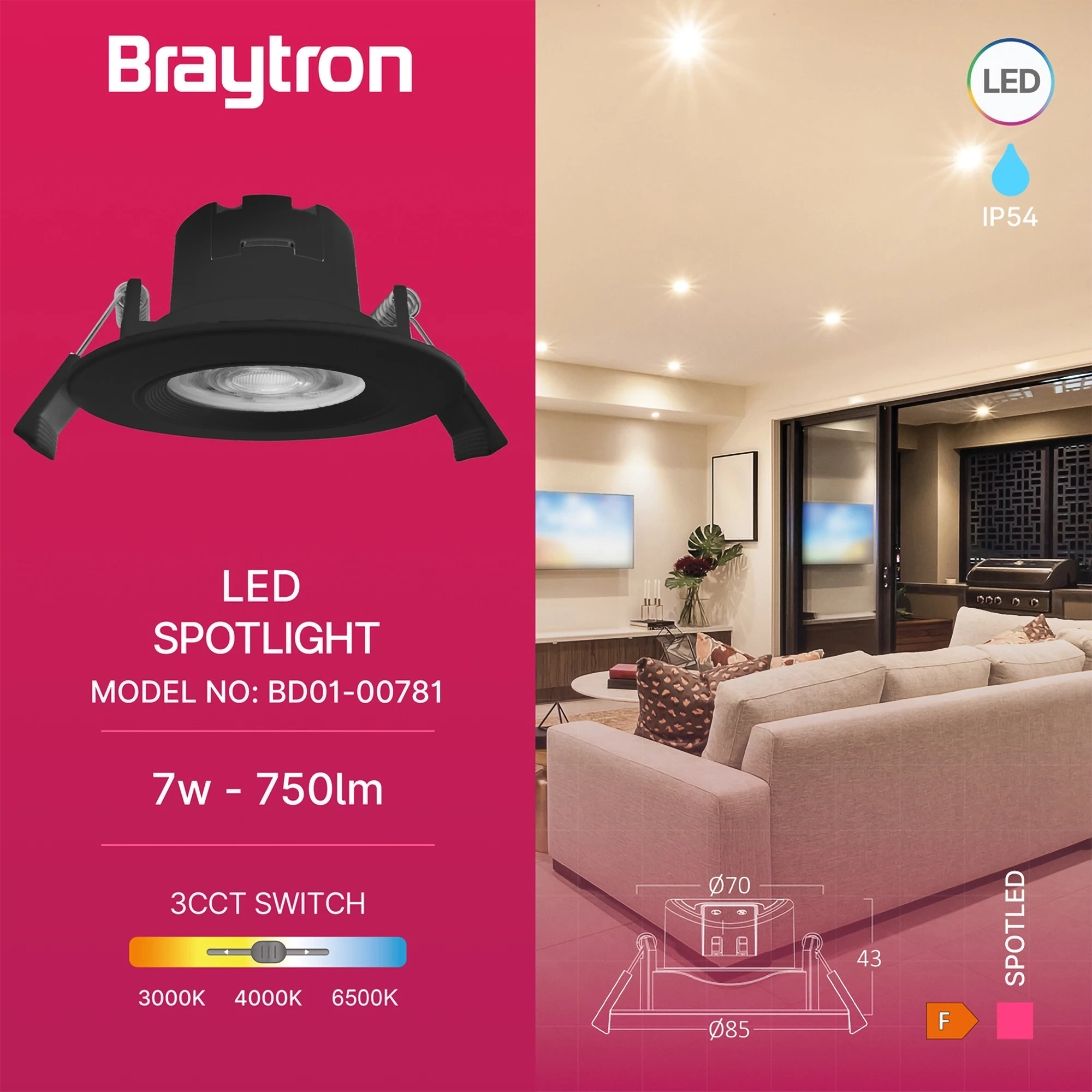 LED spot svetiljka okrugla 7W crna CCT IP54 Braytron SpotLED G3 - Слика 3