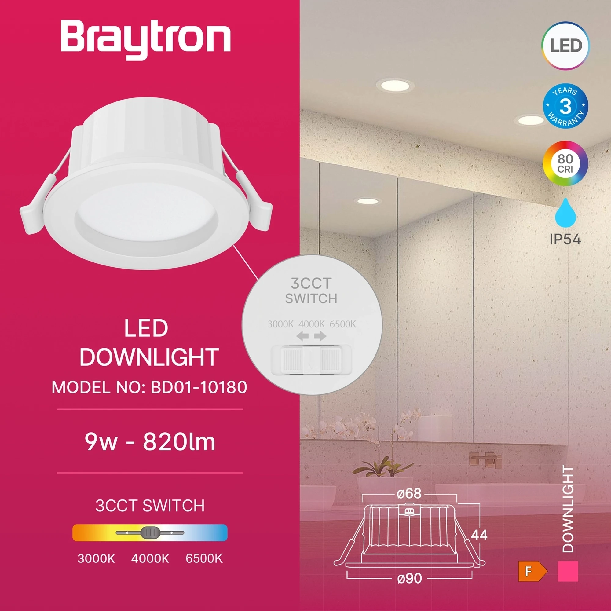 LED downlight ugradni 9W bela CCT IP54 Braytron SpotLED - Слика 3