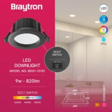 LED downlight ugradni 9W crna CCT IP54 Braytron SpotLED