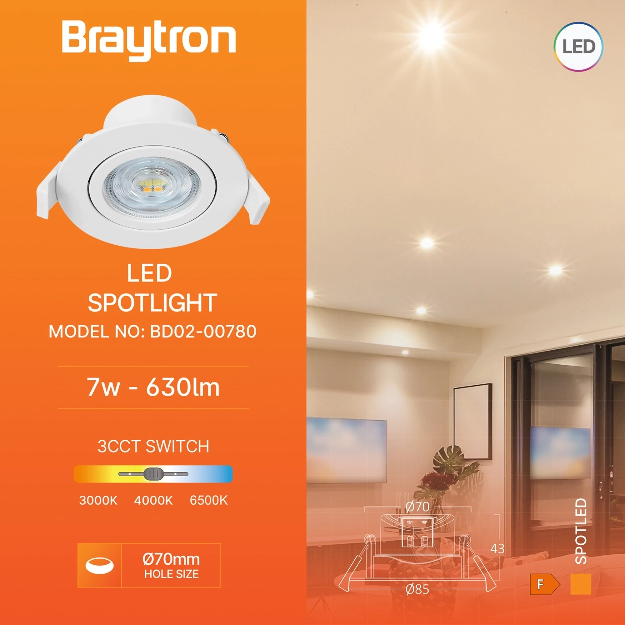 LED spot svetiljka okrugla 7W bela CCT IP20 Braytron SpotLED G3 - Слика 3