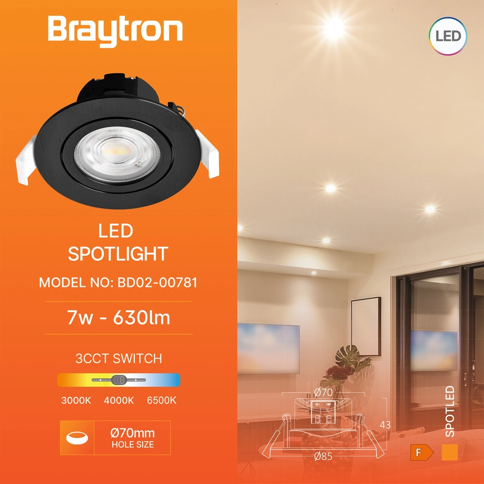 LED spot svetiljka okrugla 7W crna CCT IP20 Braytron SpotLED G3 - Слика 3