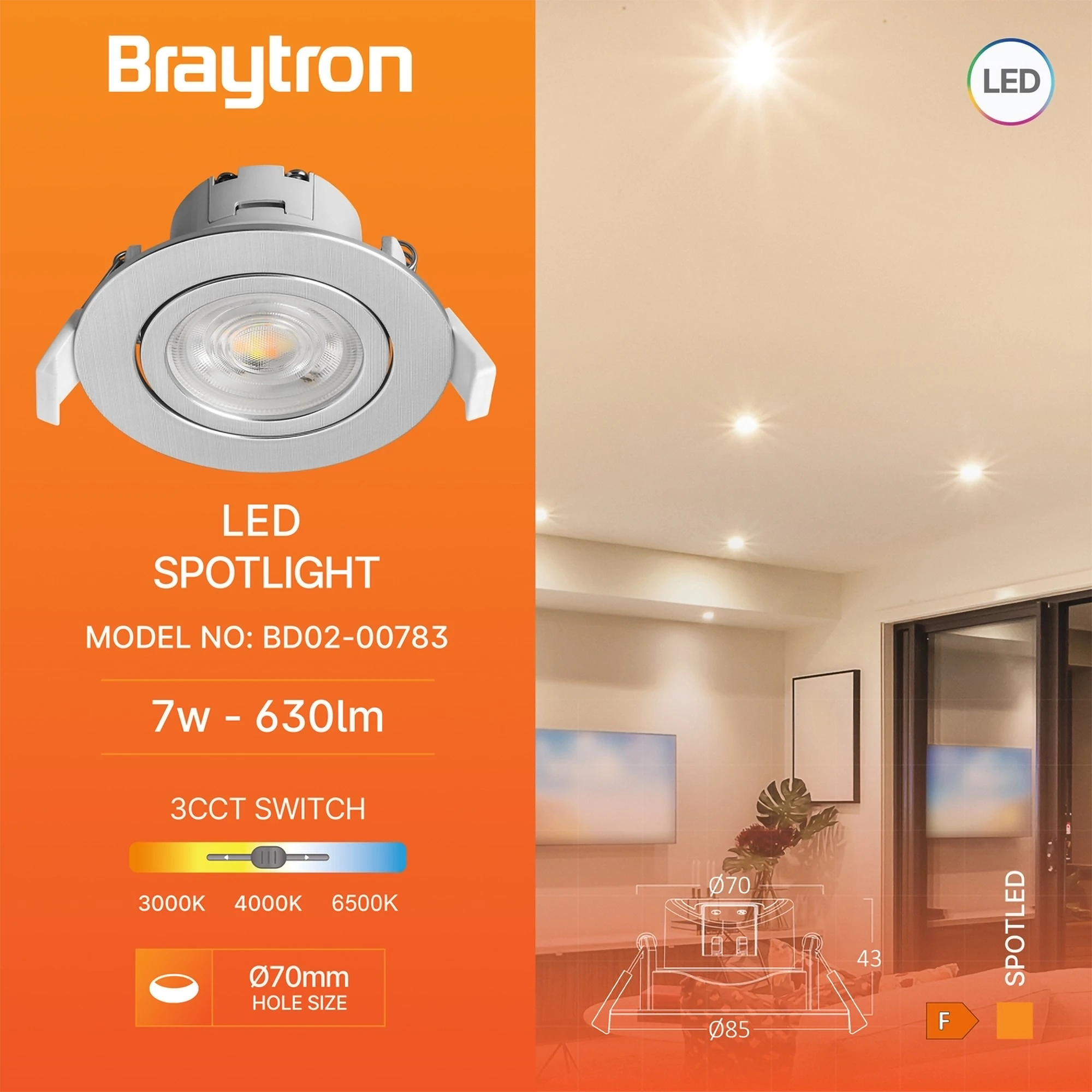 LED spot svetiljka okrugla 7W srebrna CCT IP20 Braytron SpotLED G3 - Слика 3