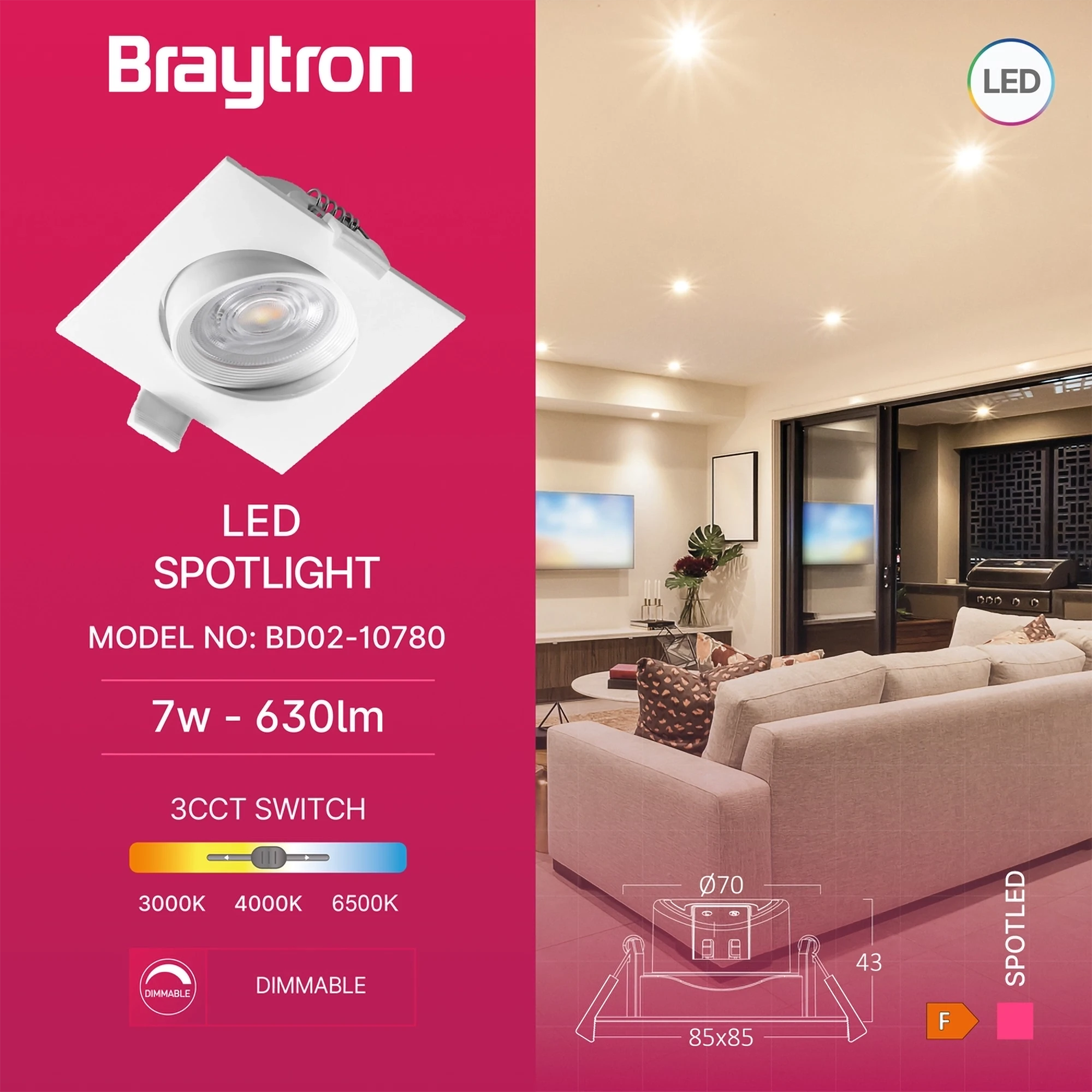 LED spot svetiljka kvadratna 7W bela CCT IP20 Braytron SpotLED G3 - Слика 3