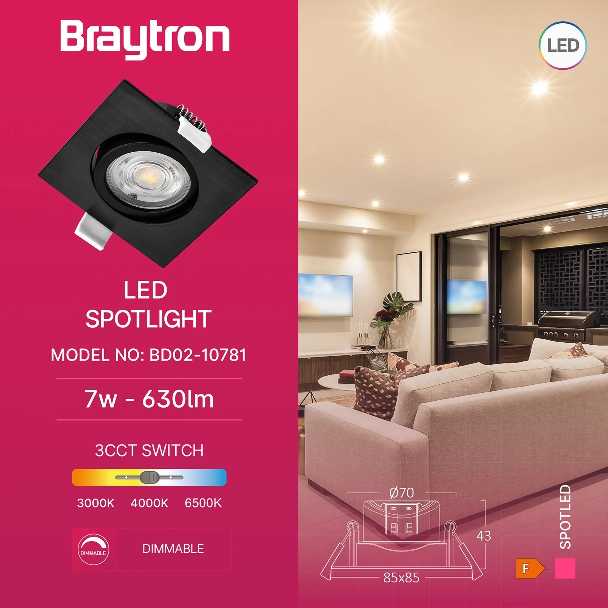LED spot svetiljka kvadratna 7W crna CCT IP20 Braytron SpotLED G3 - Слика 3