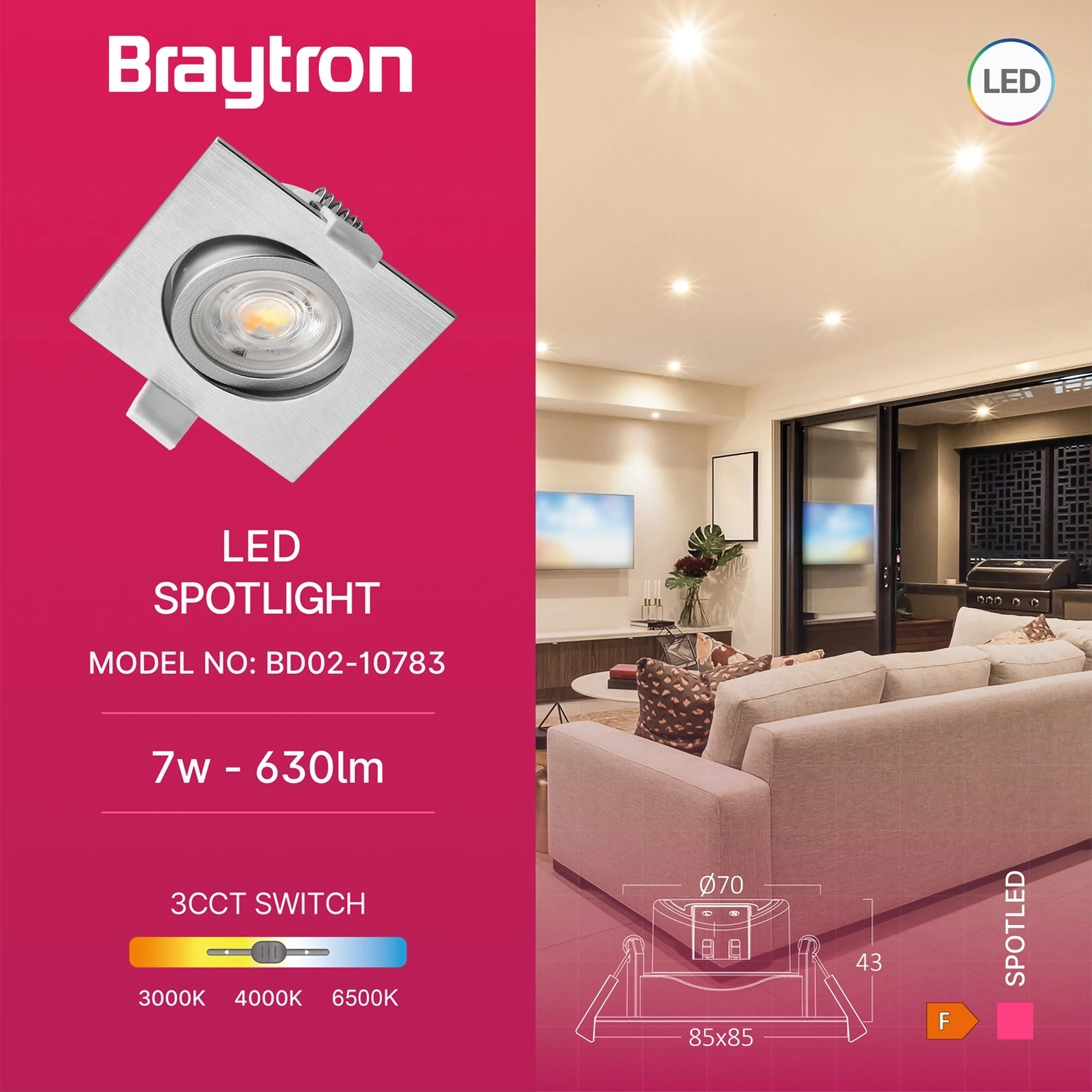 LED spot svetiljka kvadratna 7W srebrna CCT IP20 Braytron SpotLED G3 - Слика 3