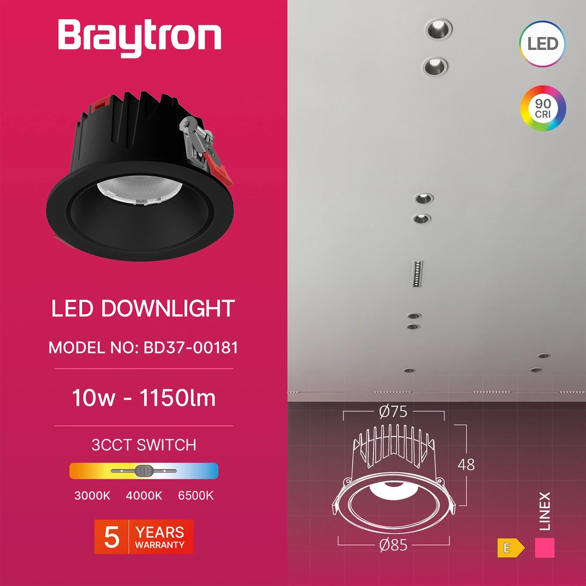 LED downlight ugradni 10W bela sa crnom CCT IP20 Braytron LineX - Слика 3
