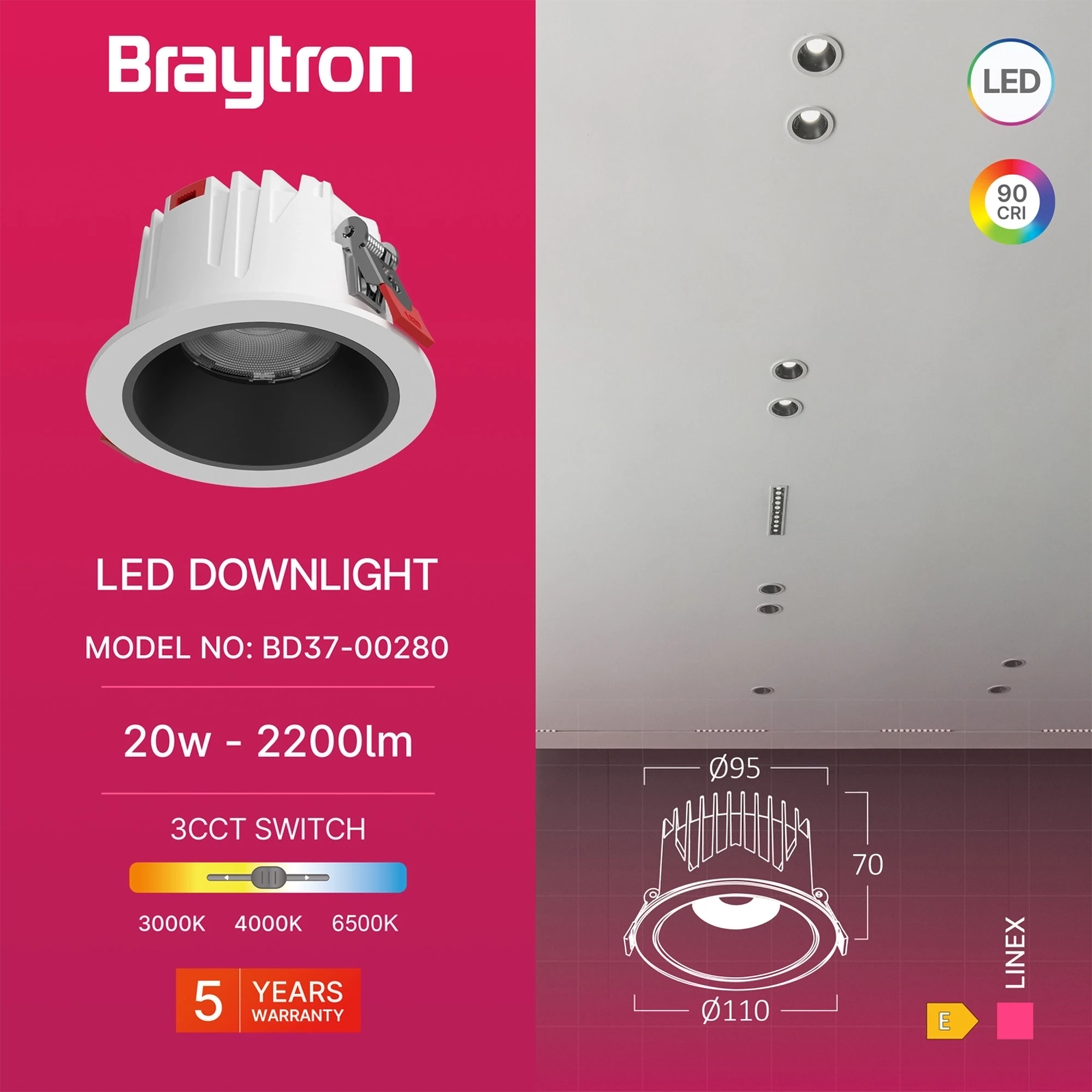 LED downlight ugradni 20W bela sa crnom CCT IP20 Braytron LineX - Слика 3
