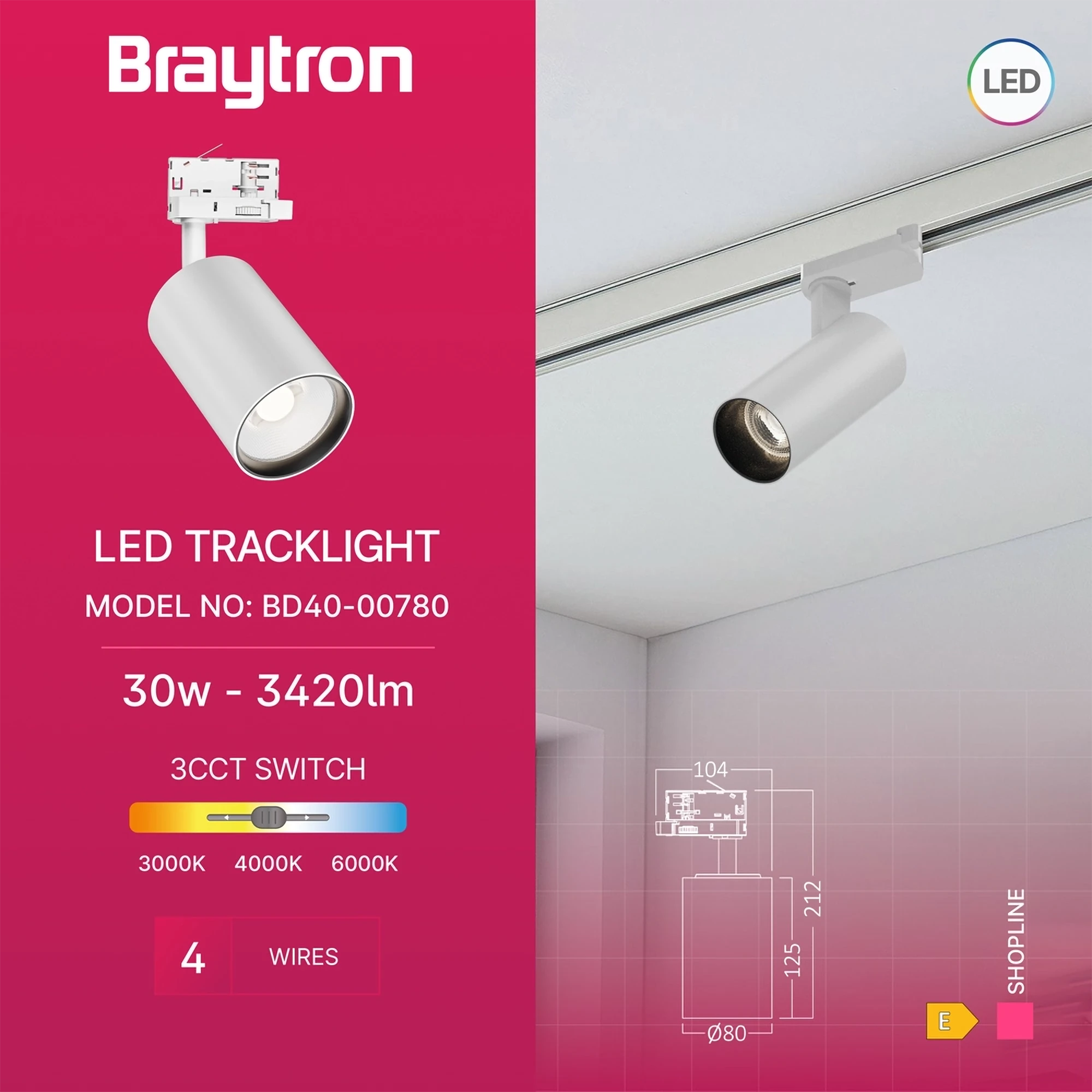 LED šinski reflektor 30W bela CCT trofazni Braytron SpotLine - Слика 3