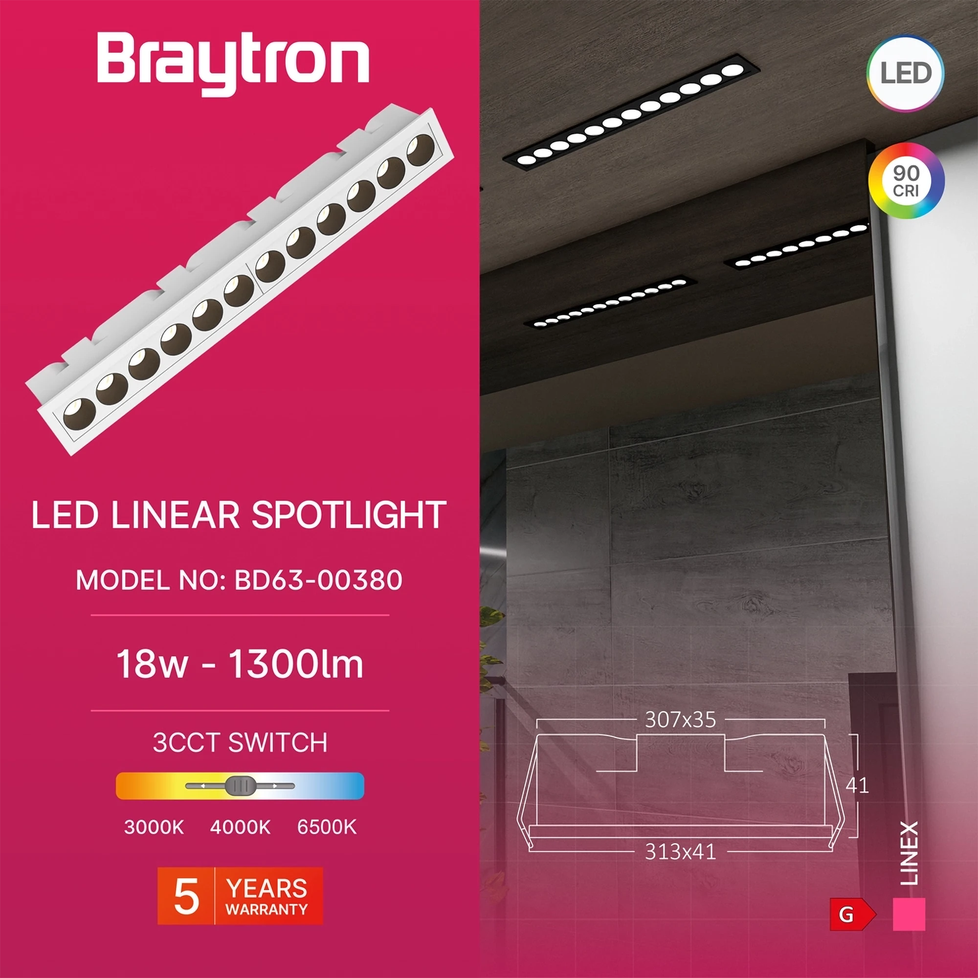 LED linijska svetiljka 18W 3IN1 bela Braytron LineX - Слика 3
