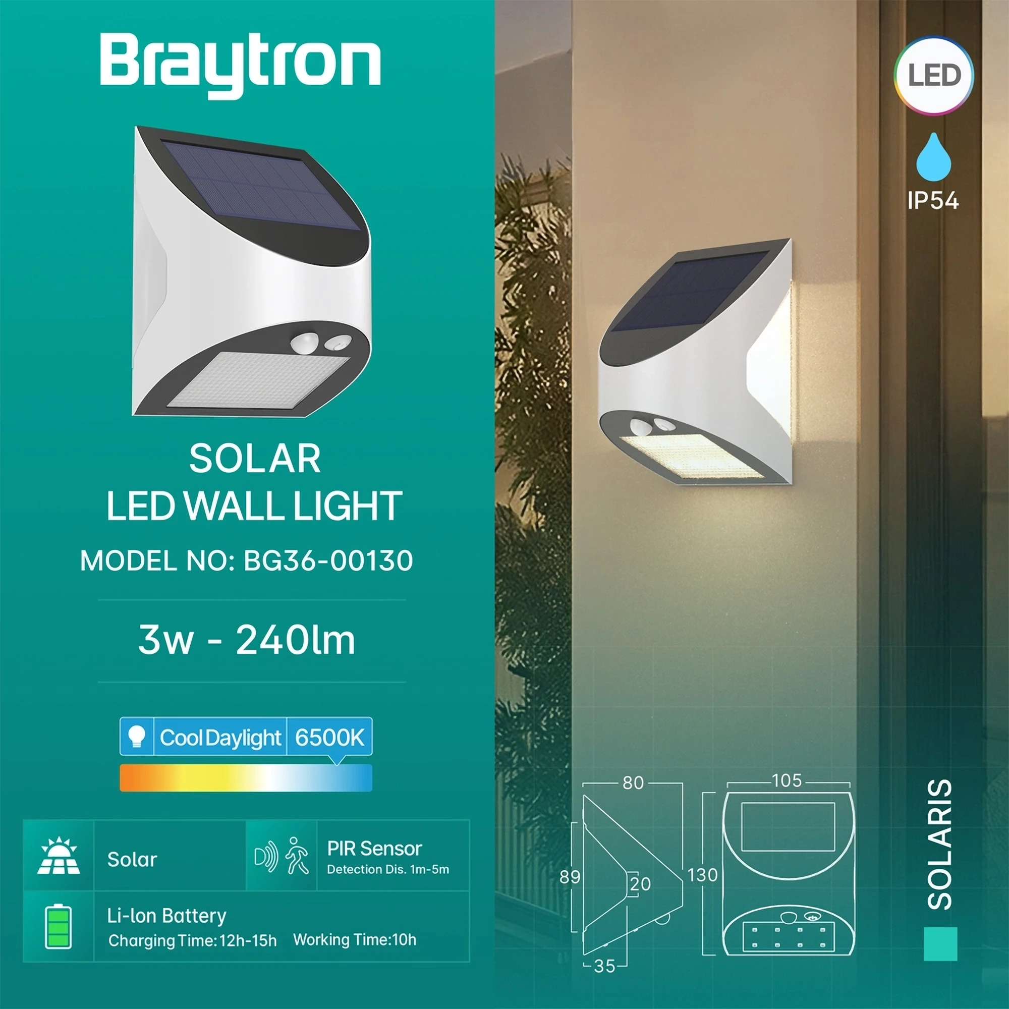 Solarna zidna svetiljka Bry Solaris W1 3W 6500K IP54 - Слика 3
