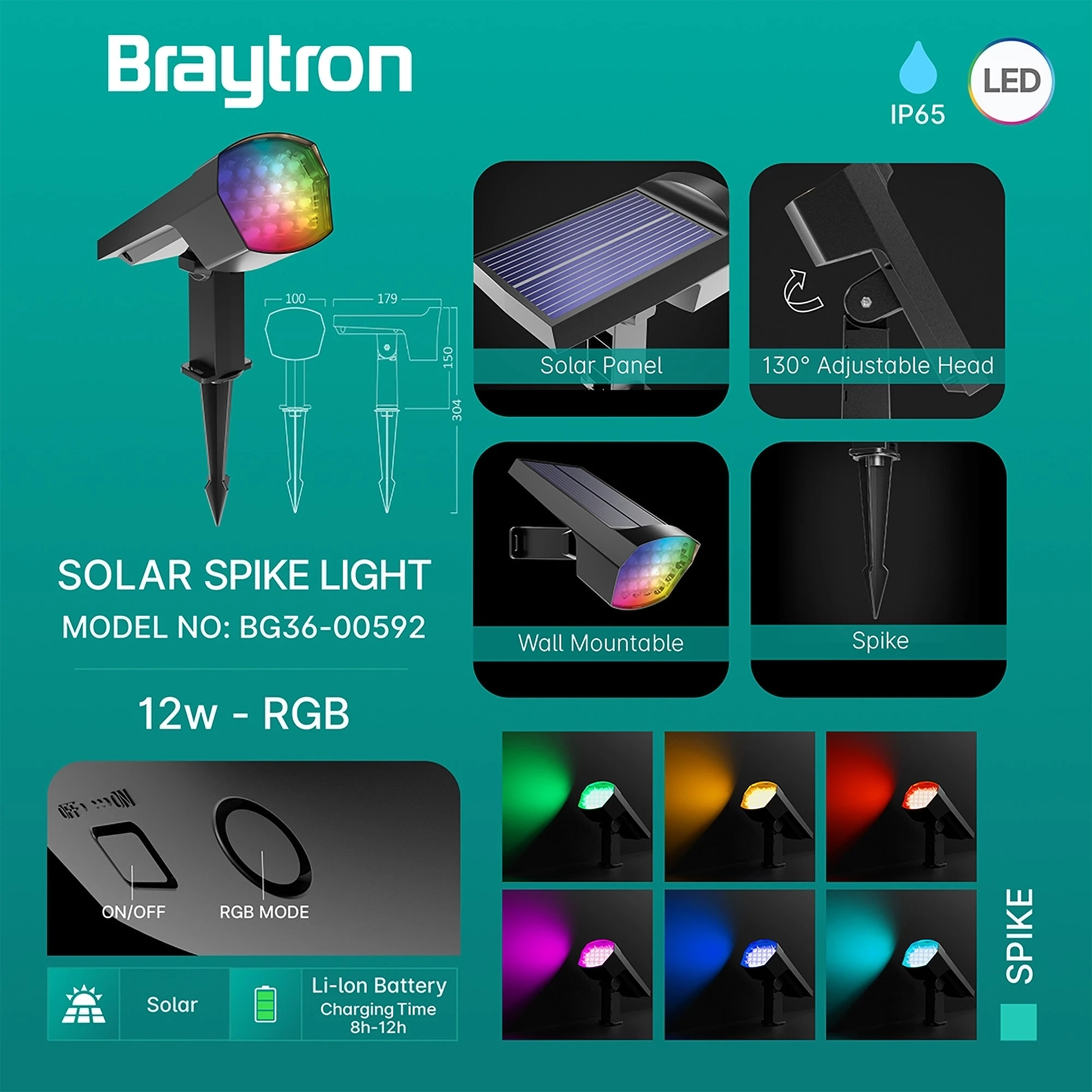 Solarna ubodna baštenska svetiljka 12W RGB siva IP65 Braytron SpotLux - Слика 3