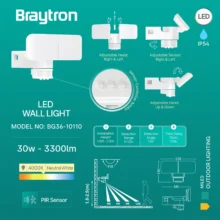 LED zidna spoljna svetiljka kvadratna 30W 4000K sa senzorom bela IP54 Braytron Miles