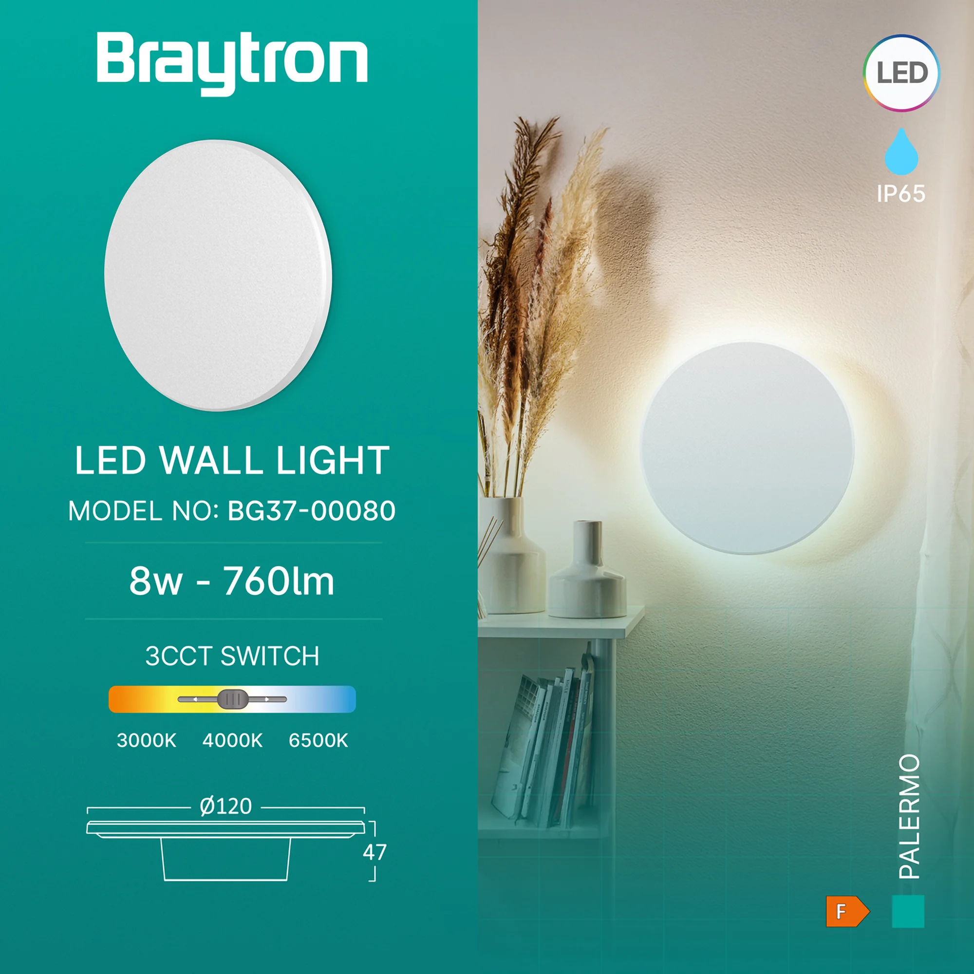 LED zidna spoljna svetiljka okrugla 8W CCT bela IP65 Braytron Palermo - Слика 3