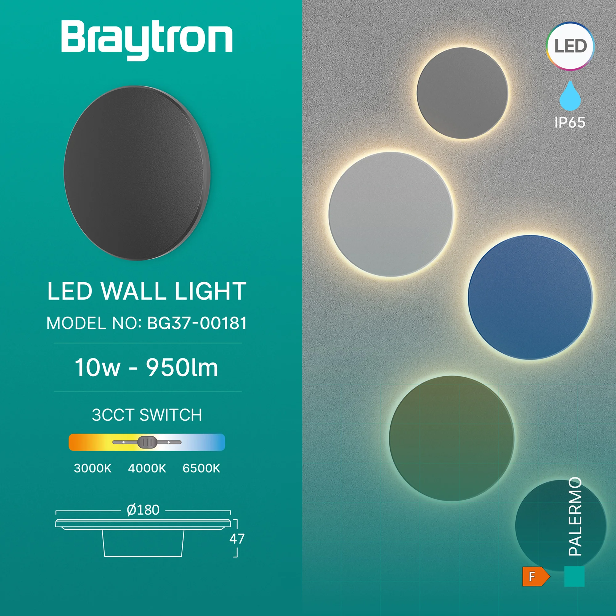 LED zidna spoljna svetiljka okrugla 10W CCT crna IP65 Braytron Palermo - Слика 3