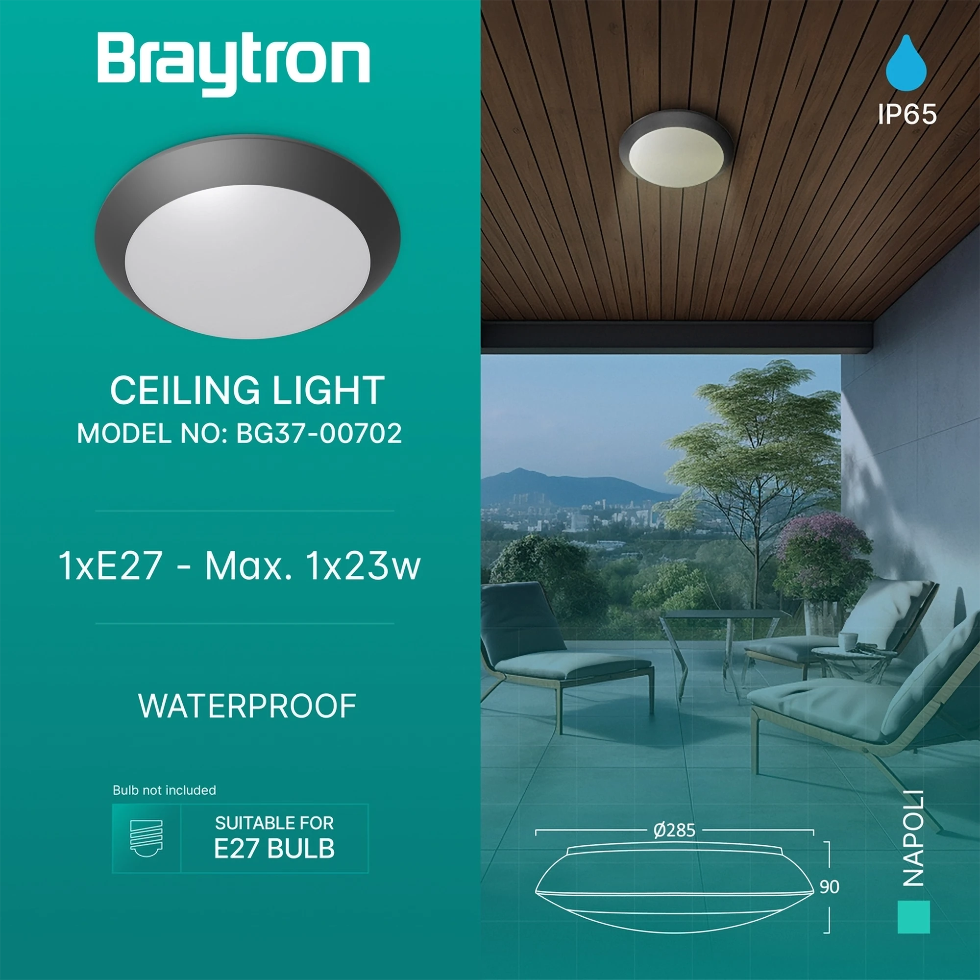 Spoljna plafonjera E27 siva IP65 Braytron Napoli - Слика 3