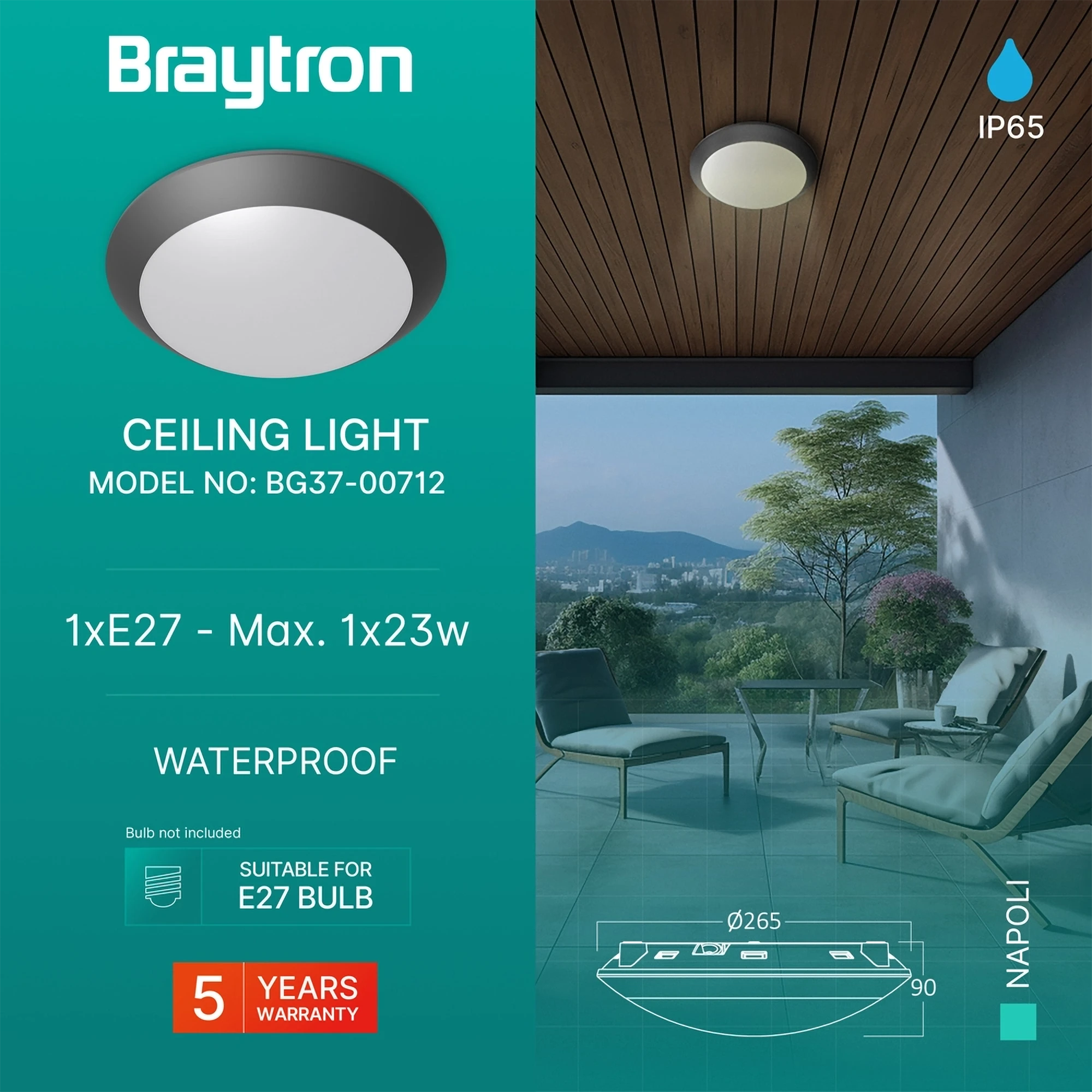 Spoljna plafonjera E27 tamno siva IP65 Braytron Napoli - Слика 3