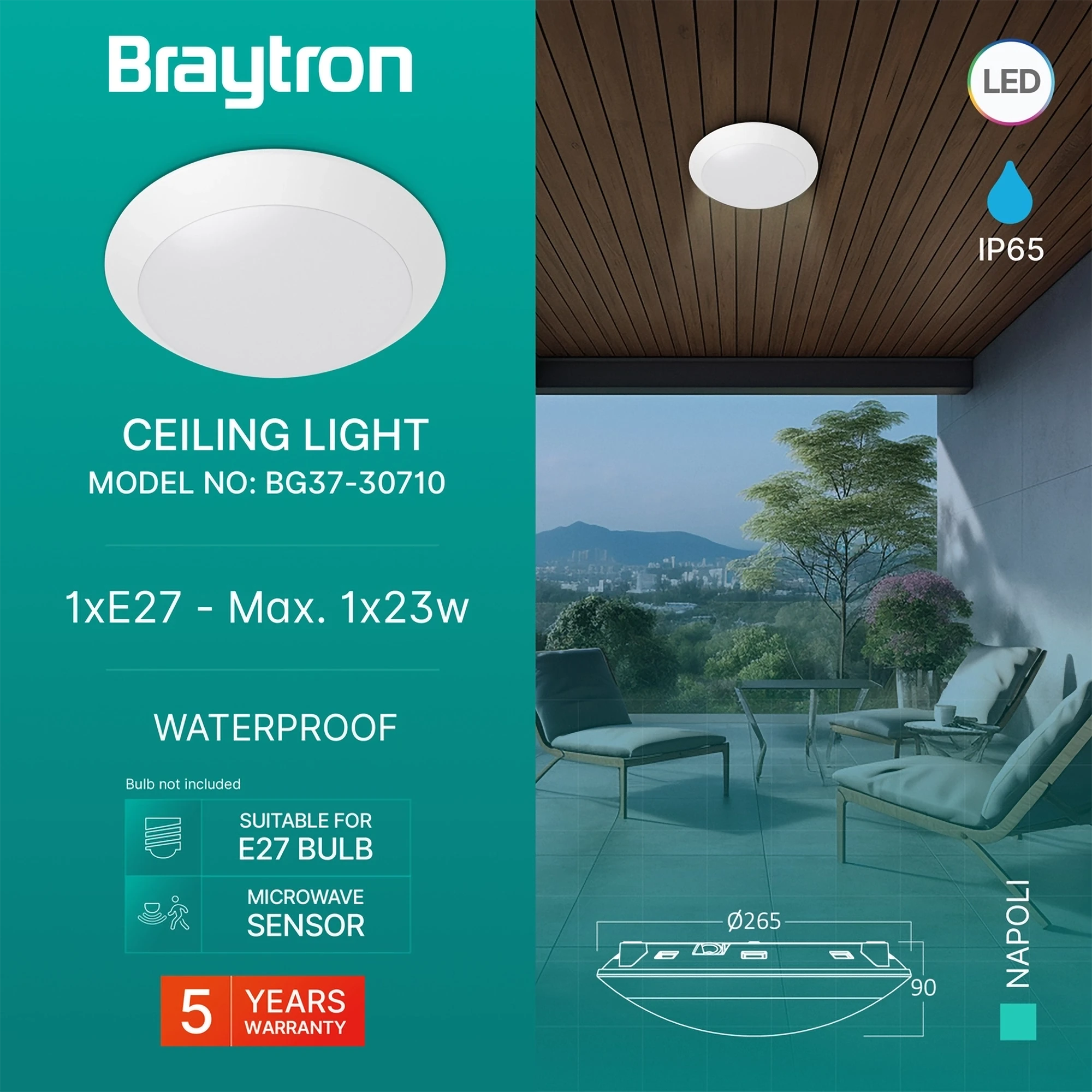 Spoljna plafonjera E27 bela IP65 Braytron Napoli sa senzorom pokreta - Слика 3