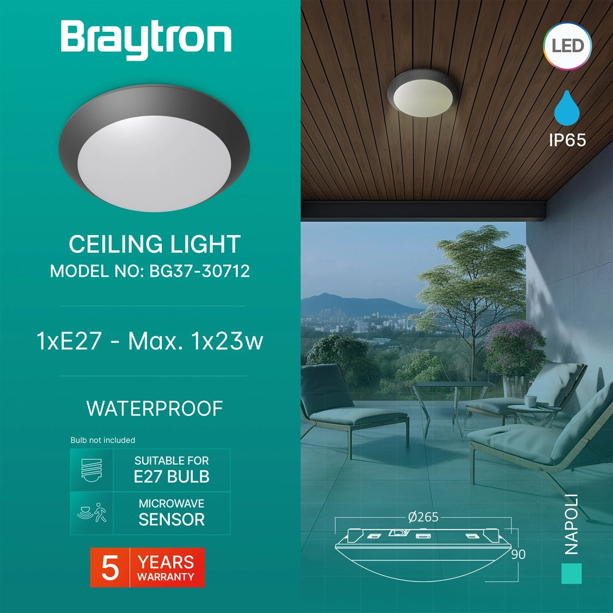 Spoljna plafonjera E27 tamno siva IP65 Braytron Napoli sa senzorom pokreta - Слика 3