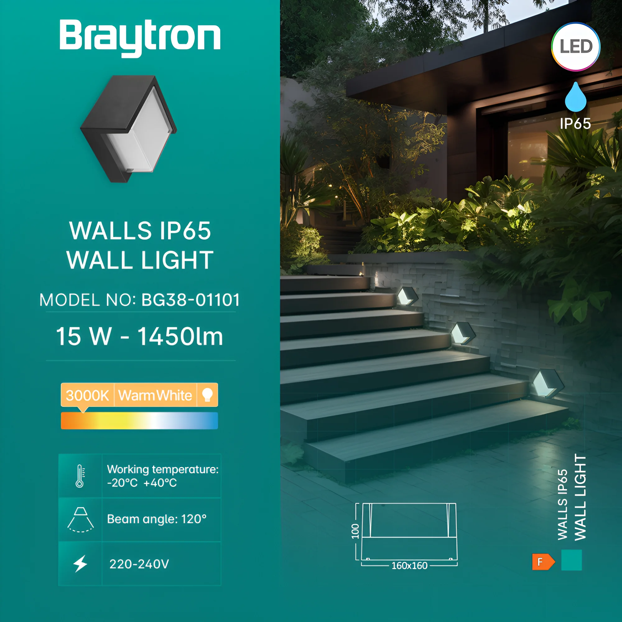 LED zidna spoljna svetiljka kvadratna 15W 3000K crna IP65 Braytron Walls G1 - Слика 3
