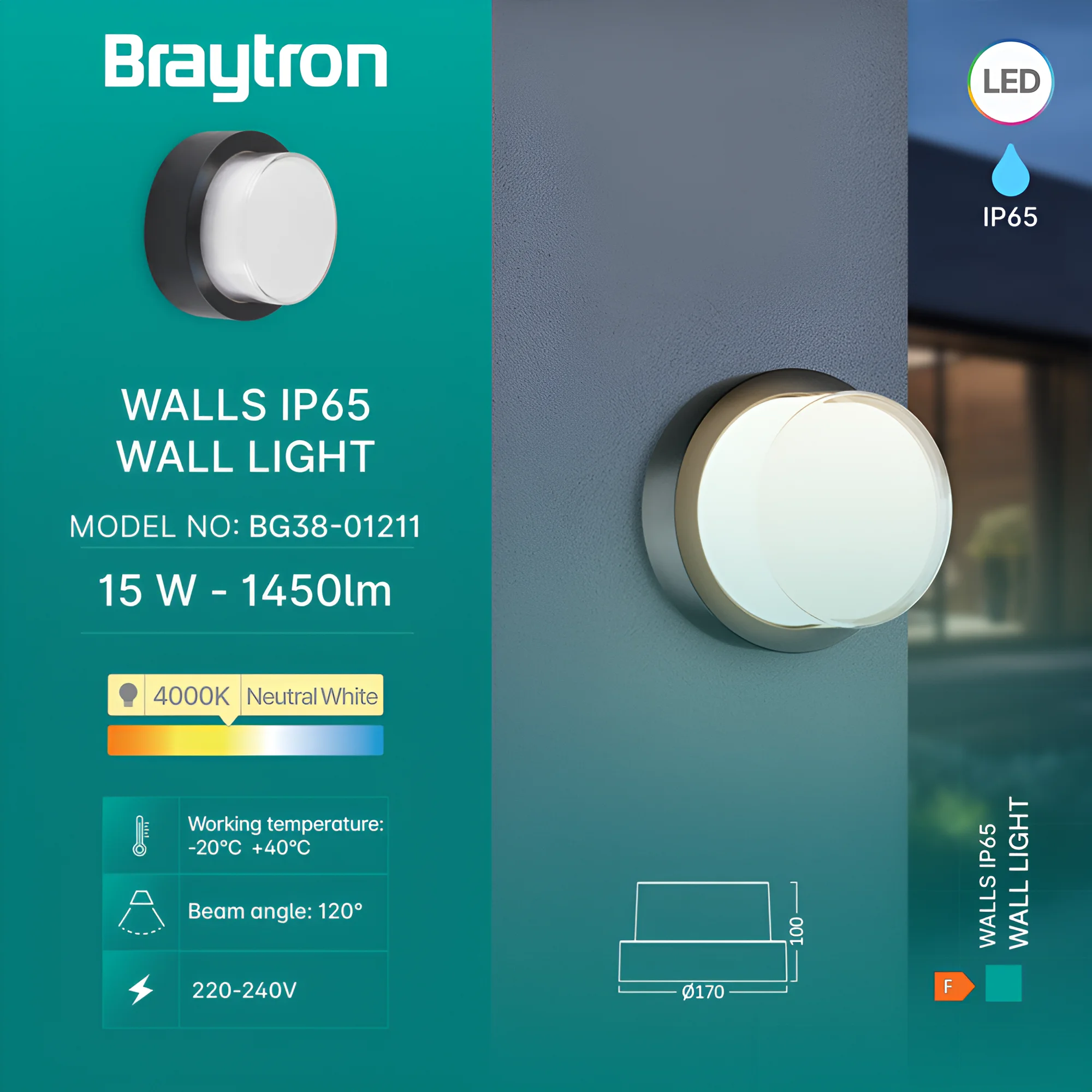 LED zidna spoljna svetiljka okrugla 15W 4000K crna IP65 Braytron Walls G2 - Слика 3