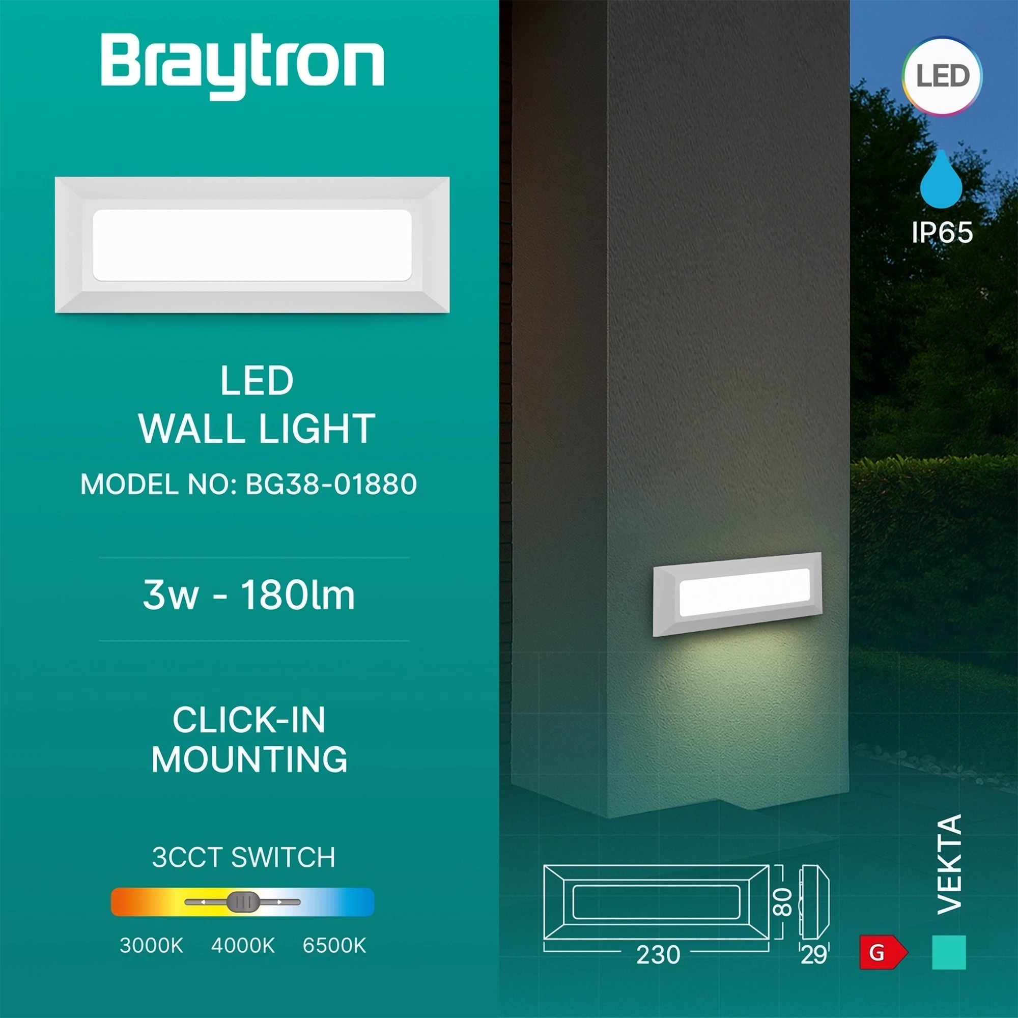 LED zidna spoljna svetiljka pravougaona 3W CCT bela IP65 Braytron Vekta B - Слика 3