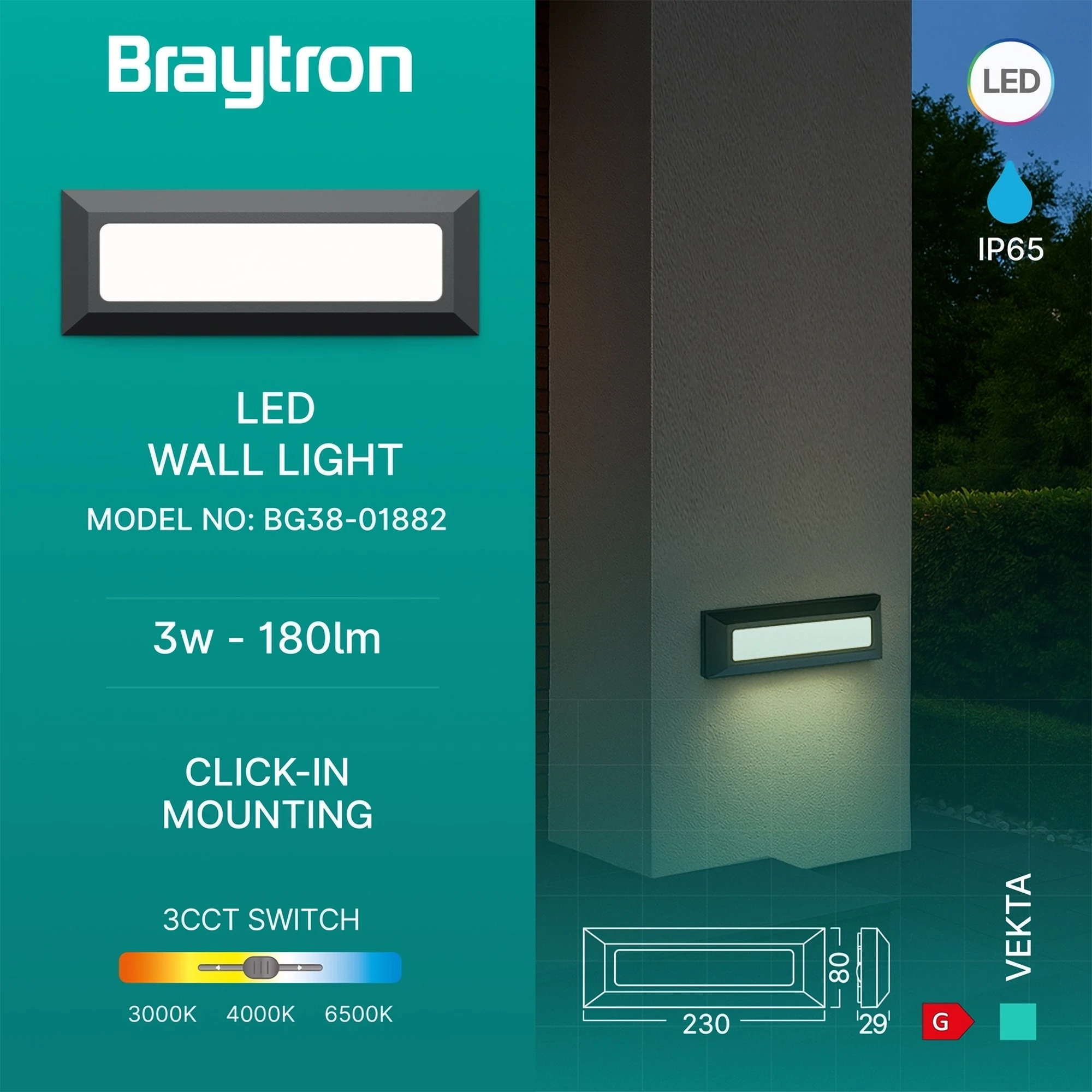 LED zidna spoljna svetiljka pravougaona 3W CCT siva IP65 Braytron Vekta B - Слика 3