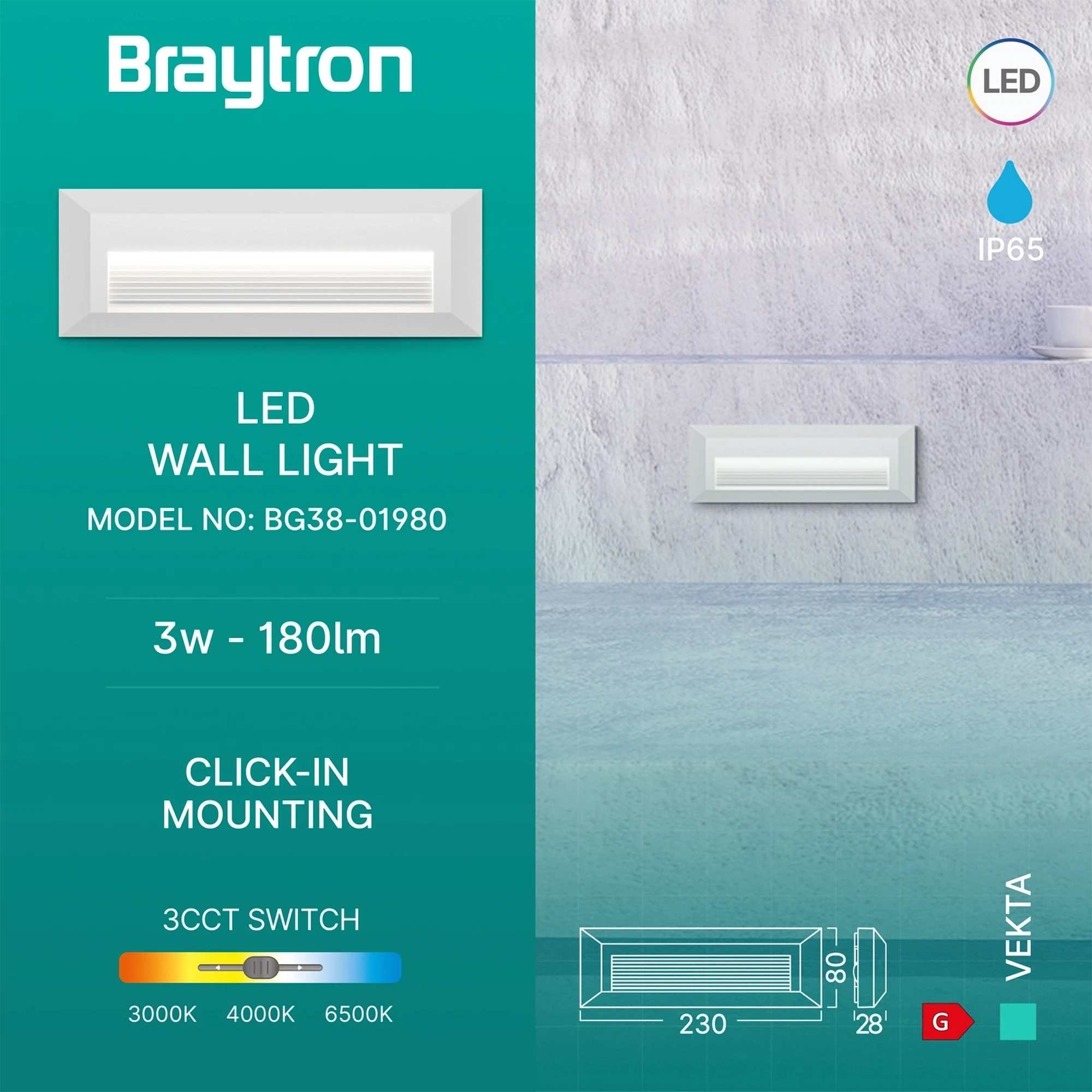 LED zidna spoljna svetiljka pravougaona 3W CCT bela IP65 Braytron Vekta B II - Слика 3