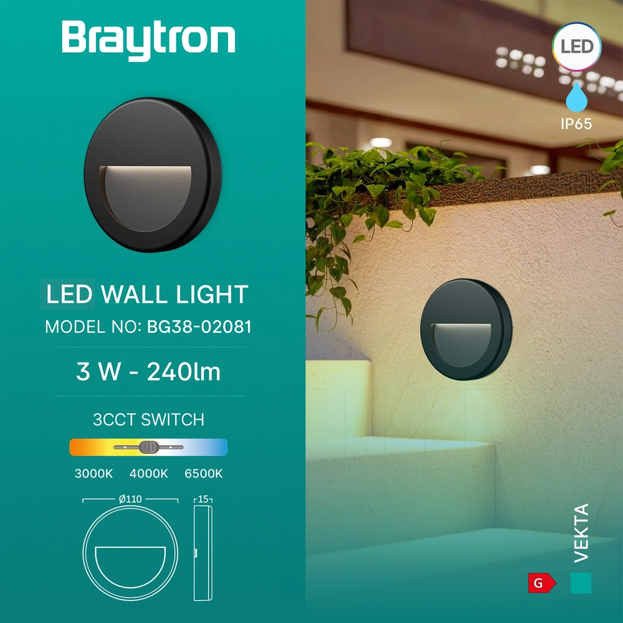 LED zidna spoljna svetiljka okrugla 3W CCT crna IP65 Braytron Vekta B - Слика 3
