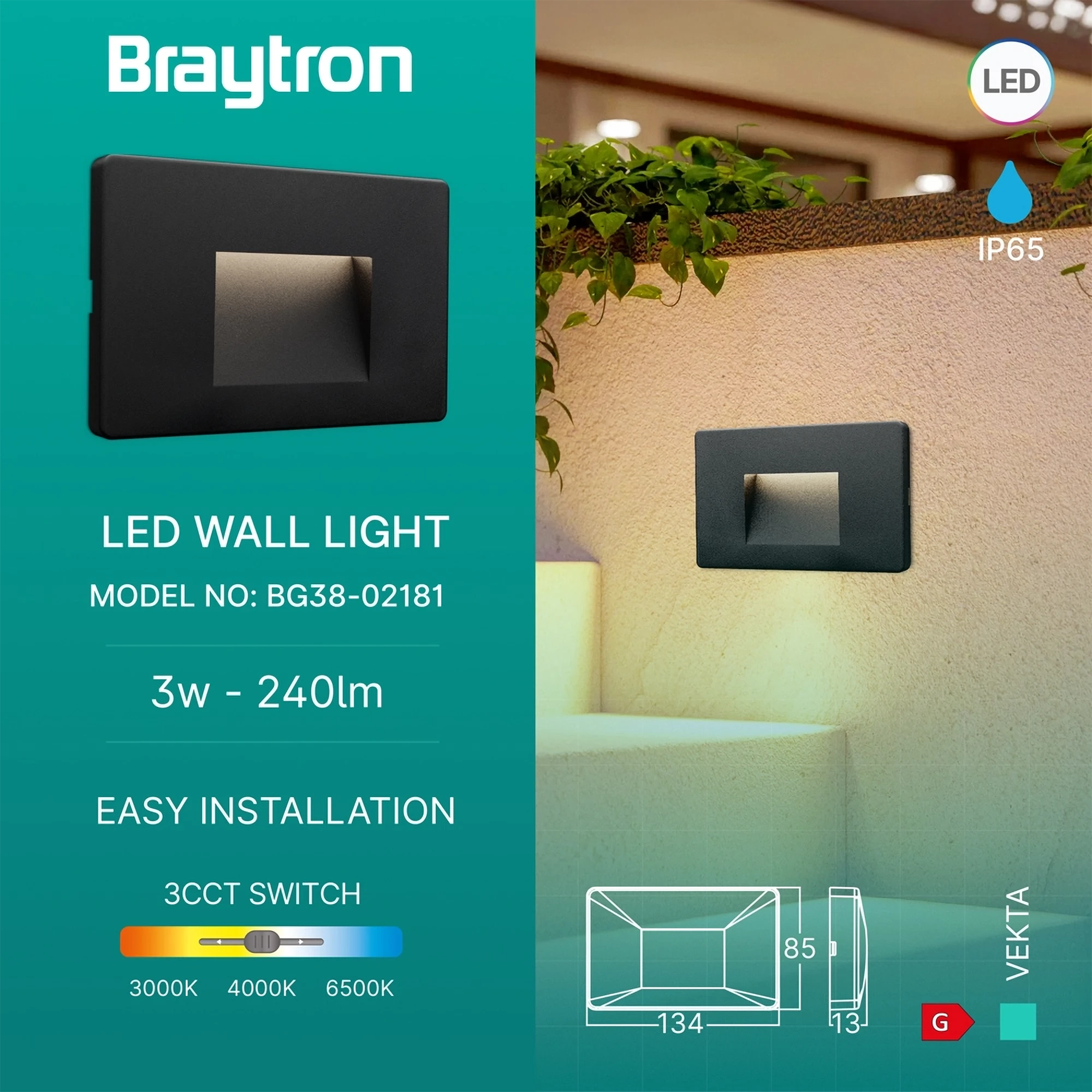 LED zidna spoljna svetiljka kvadratna 3W CCT crna IP65 Braytron Vekta B - Слика 3