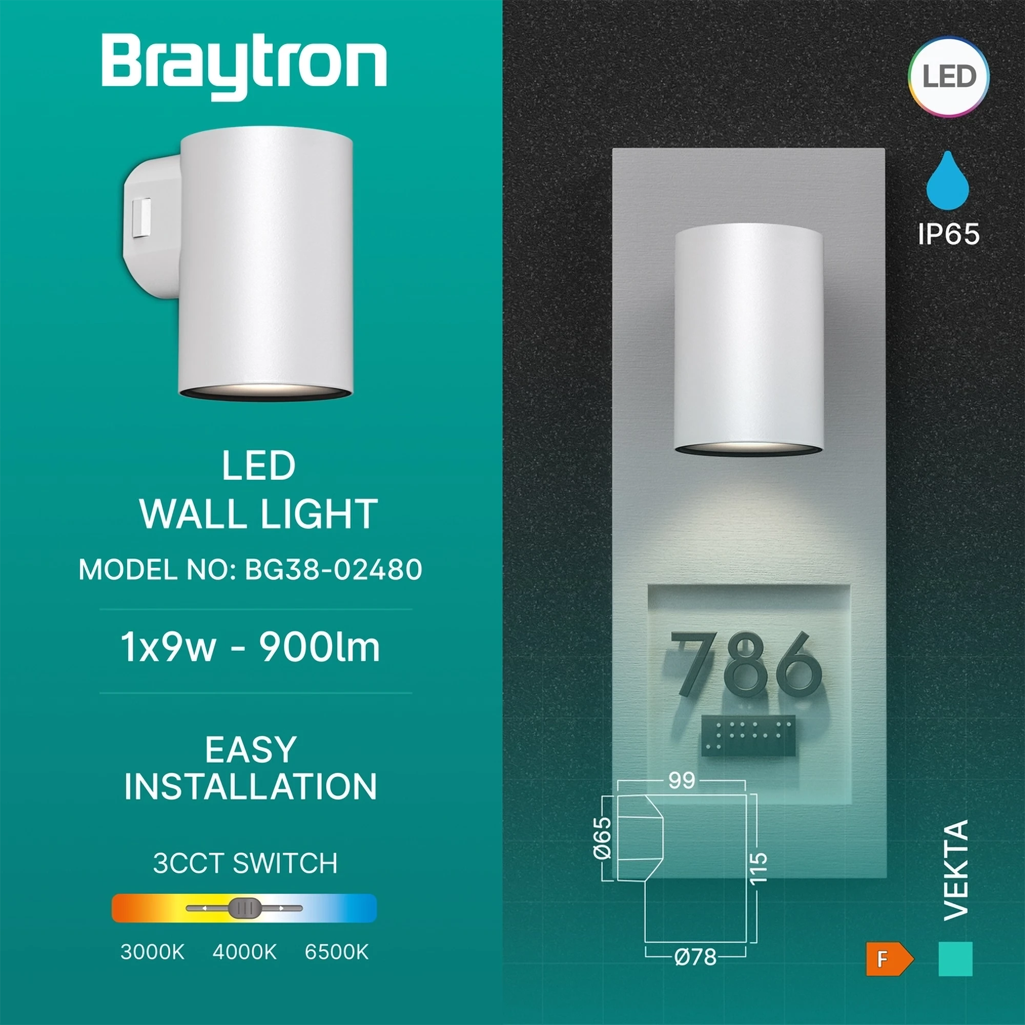 LED zidna spoljna spot svetiljka okrugla 9W CCT bela IP65 Braytron Vekta D - Слика 3