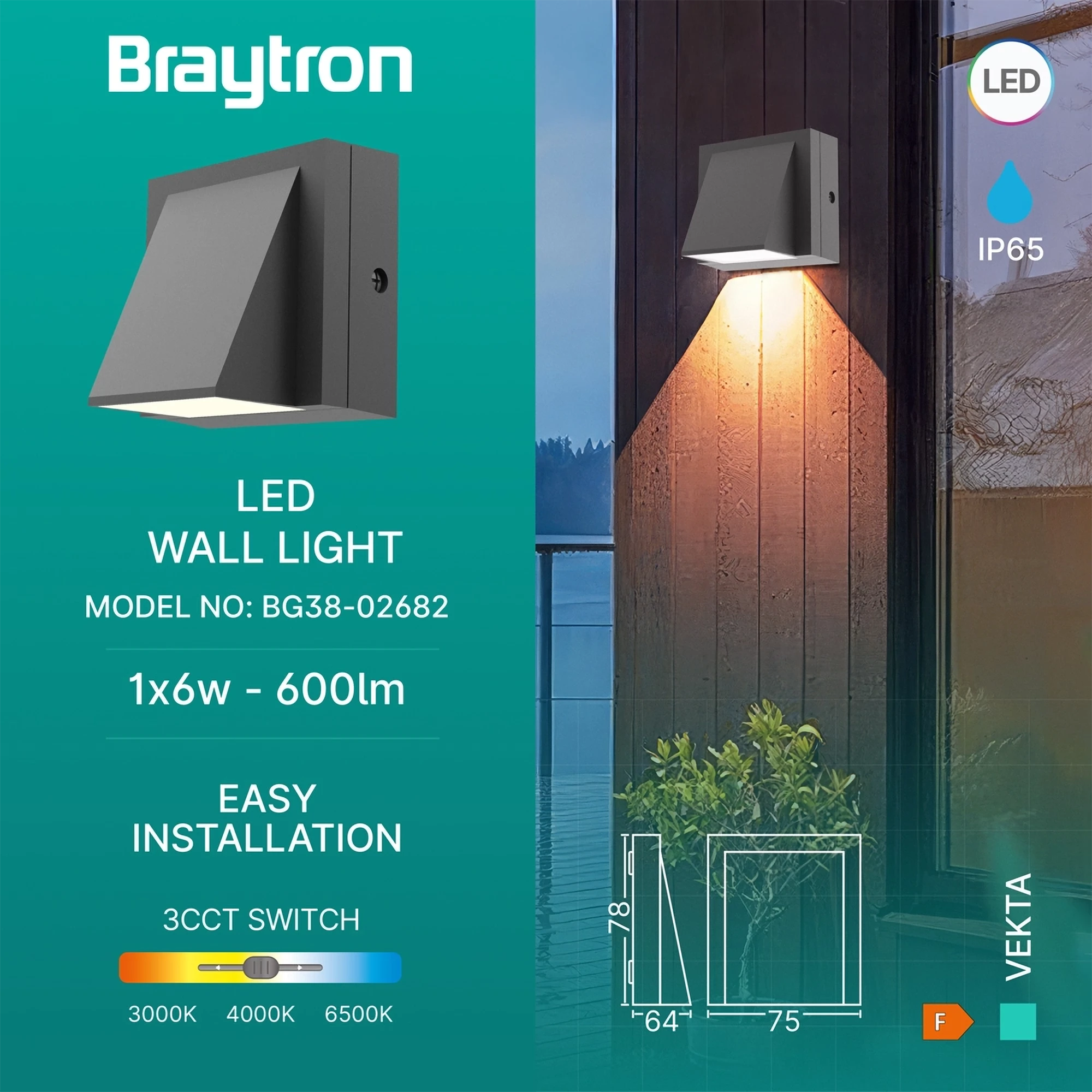 LED zidna spoljna svetiljka jednosmerna 6W CCT siva IP65 Braytron Vekta C - Slika 3