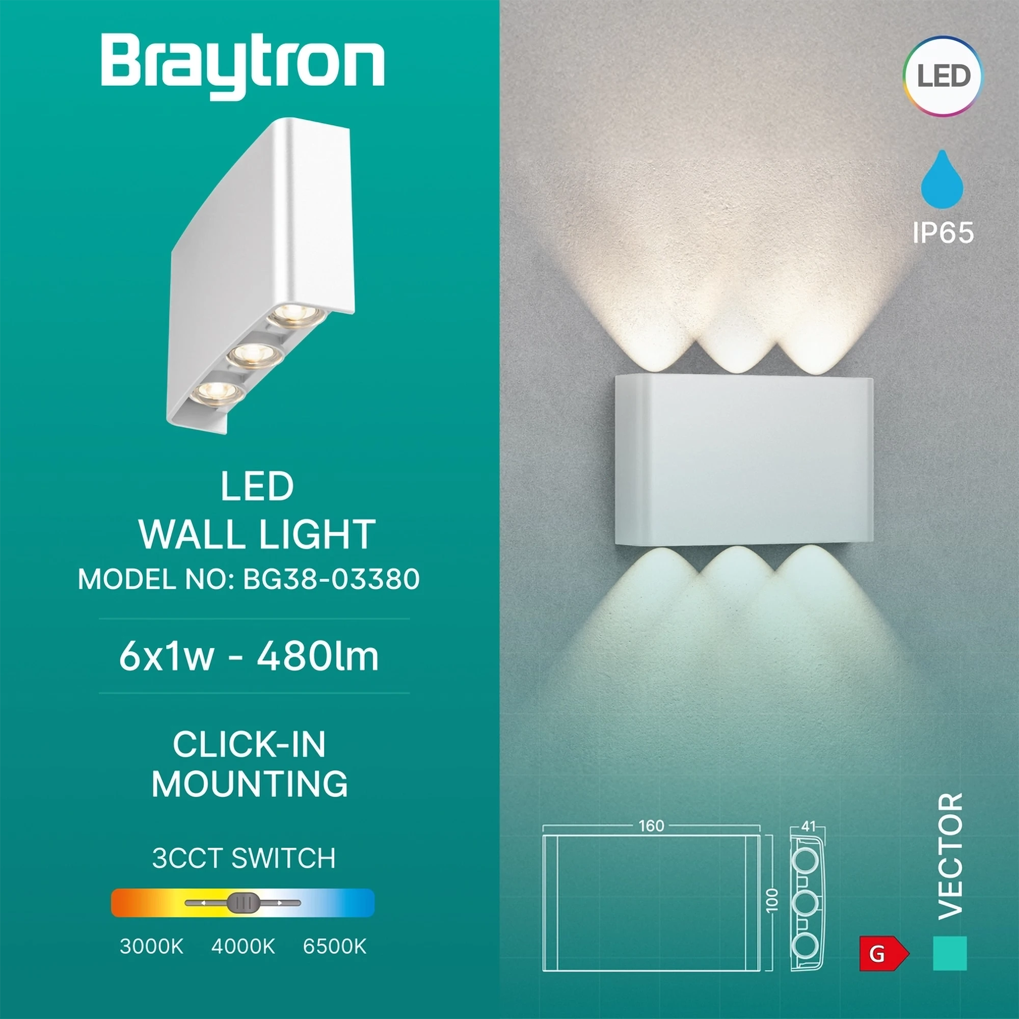LED zidna spoljna svetiljka 6x1W CCT bela IP65 Braytron Vector B - Slika 3