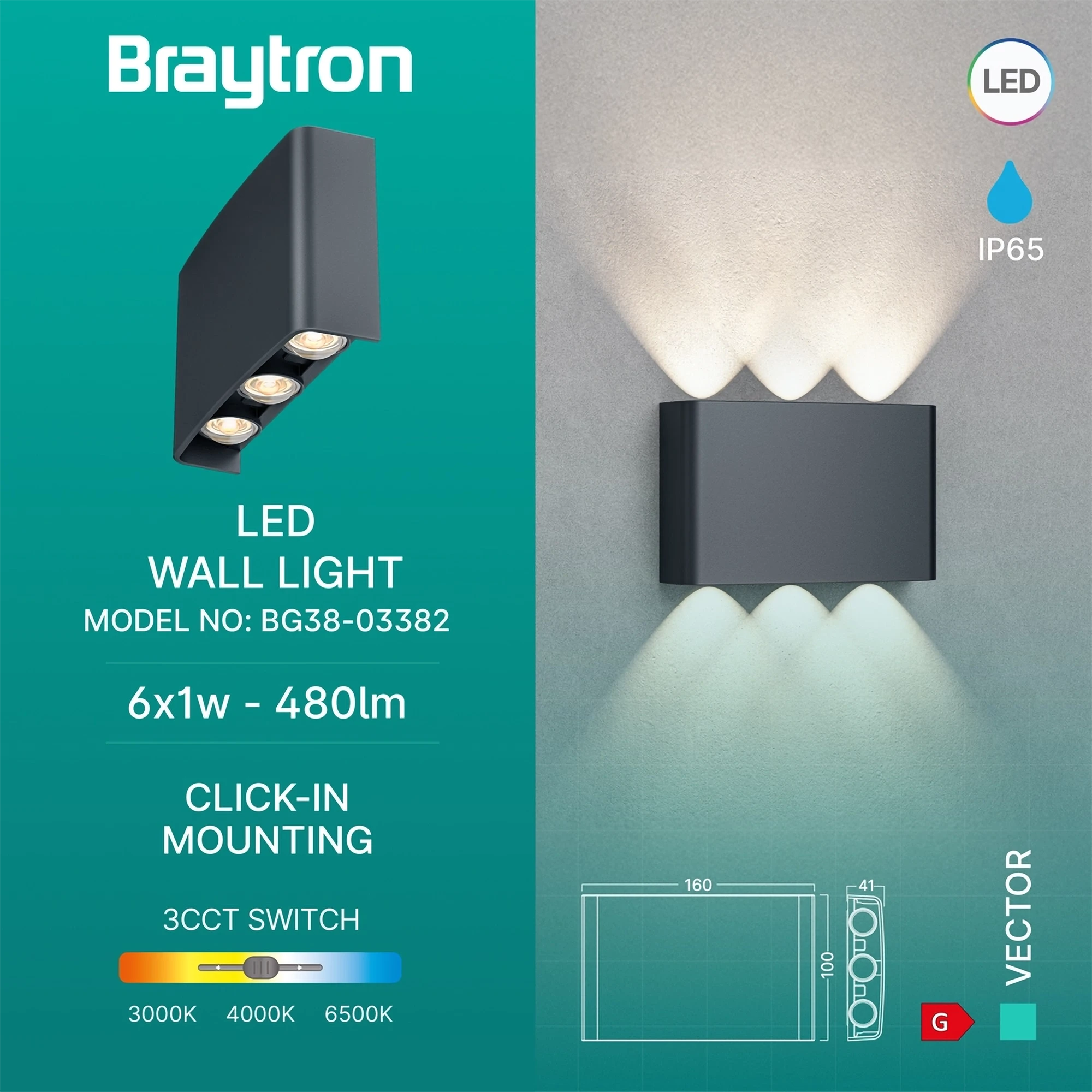 LED zidna spoljna svetiljka 6x1W CCT siva IP65 Braytron Vector B - Slika 3