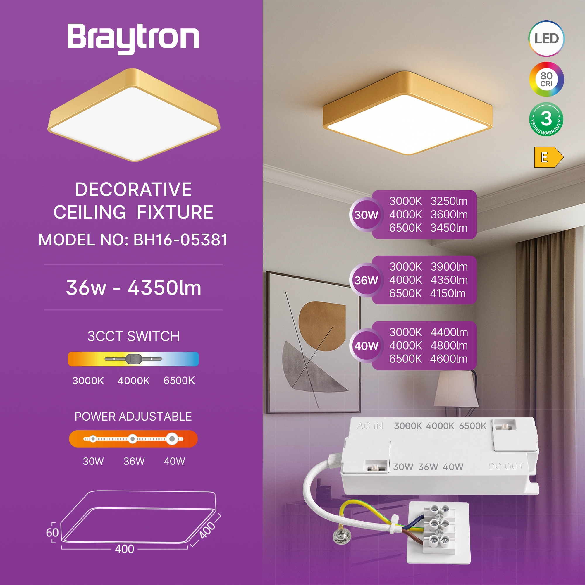 LED plafonjera kvadratna 400x400 36W CCT zlatna Braytron Blade - Slika 3