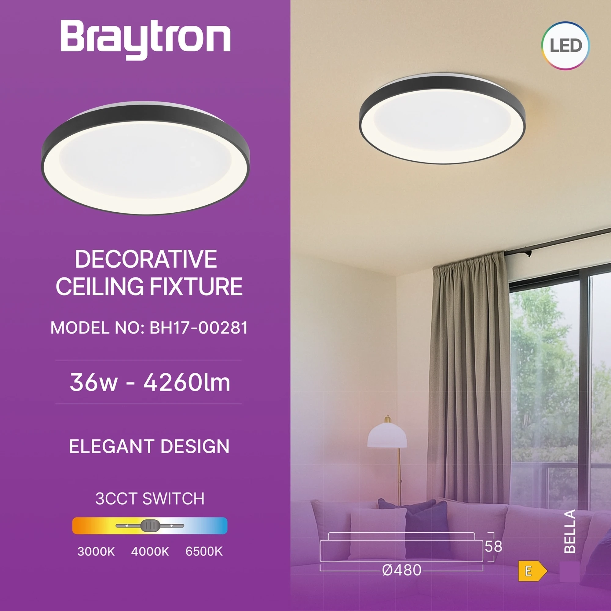 LED plafonjera okrugla Ø480 36W CCT crna IP20 Braytron Bella - Slika 3