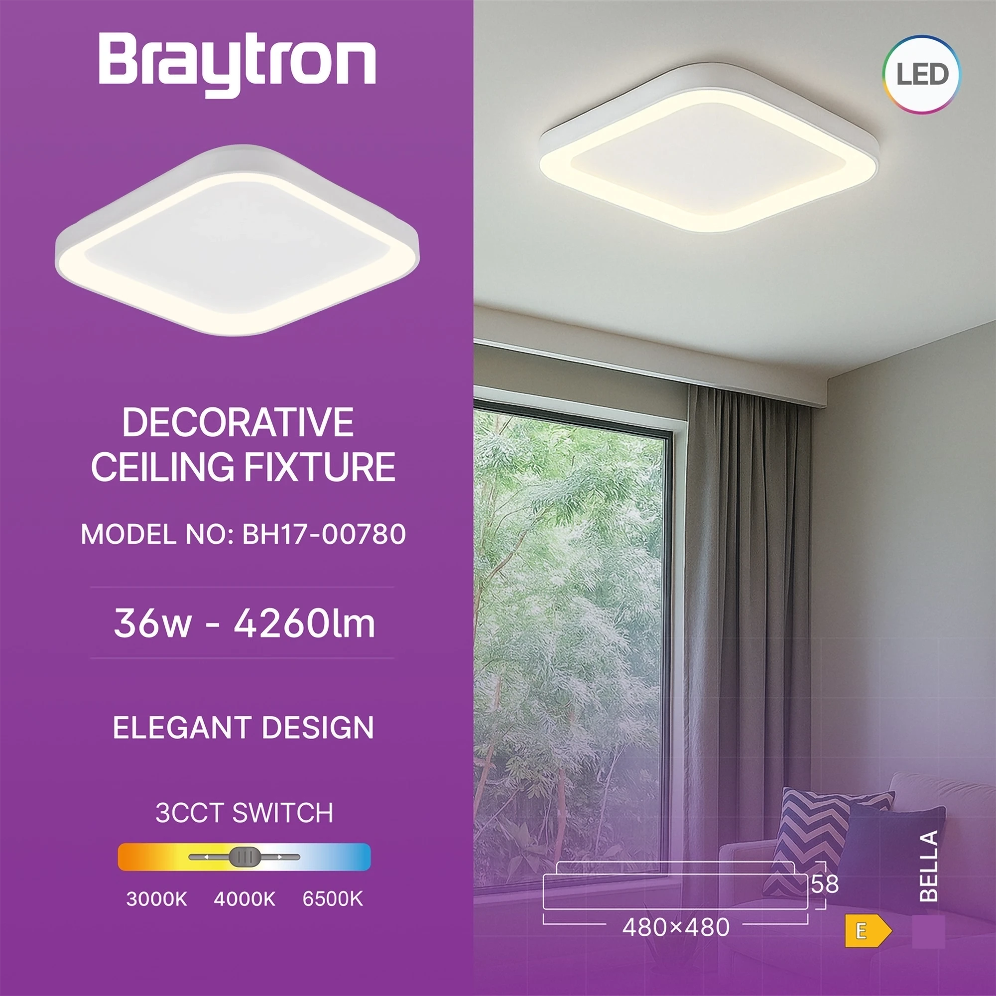 LED plafonjera kvadratna 480x480 36W CCT bela IP20 Braytron Bella - Slika 3