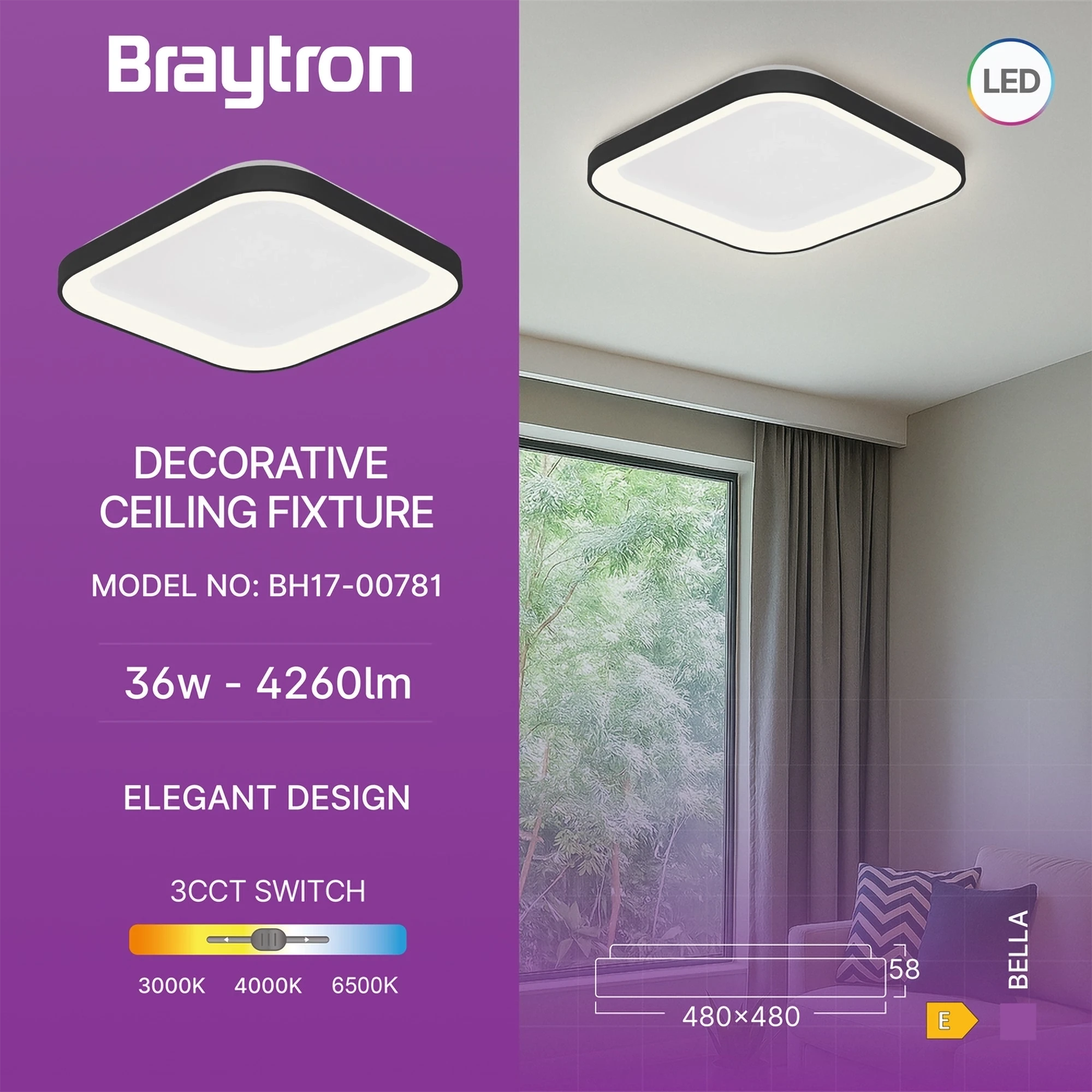 LED plafonjera kvadratna 480x480 36W CCT crna IP20 Braytron Bella - Slika 3