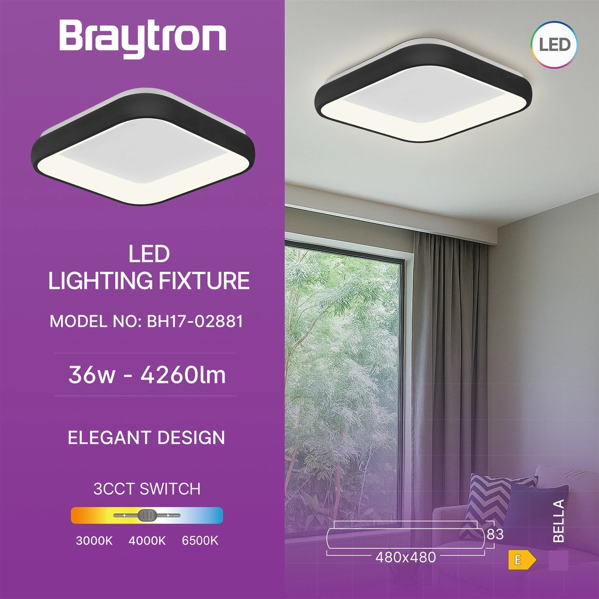 LED plafonjera kvadratna 480x480 36W CCT crna IP20 Braytron Bella II - Slika 3