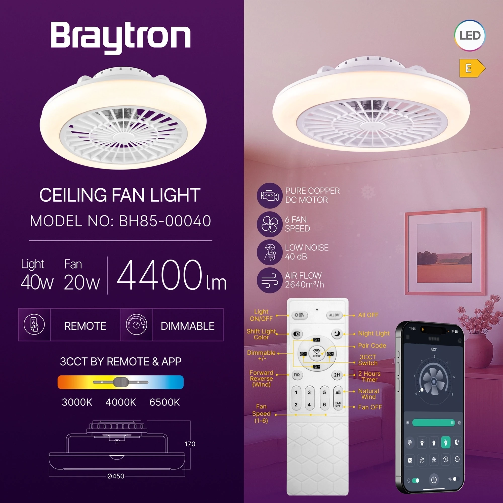 LED plafonski ventilator 450 mm 40W Braytron Fancy - Слика 3