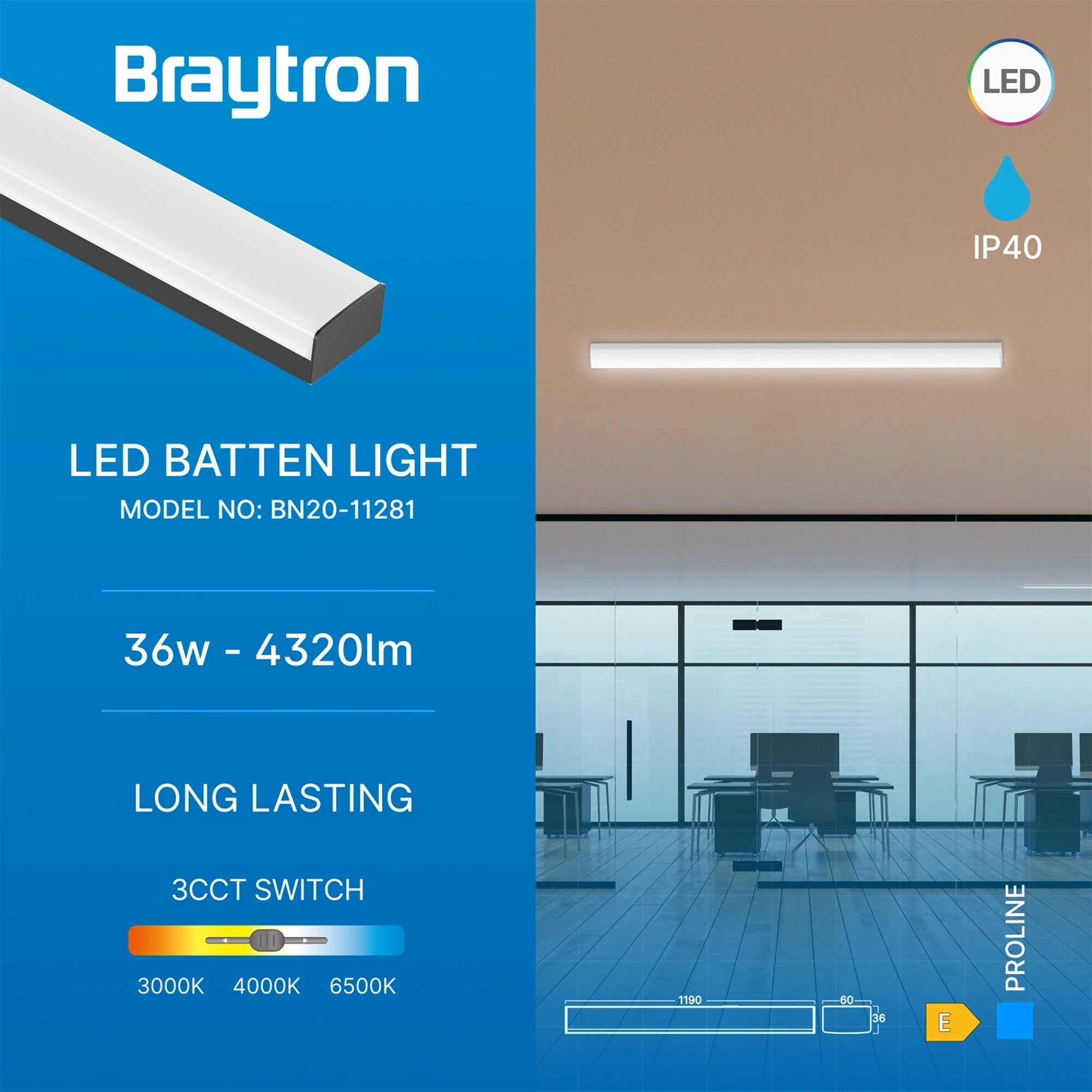 LED linijska svetiljka 1,2 m 36W CCT crna Braytron ProLine Pro - Slika 3