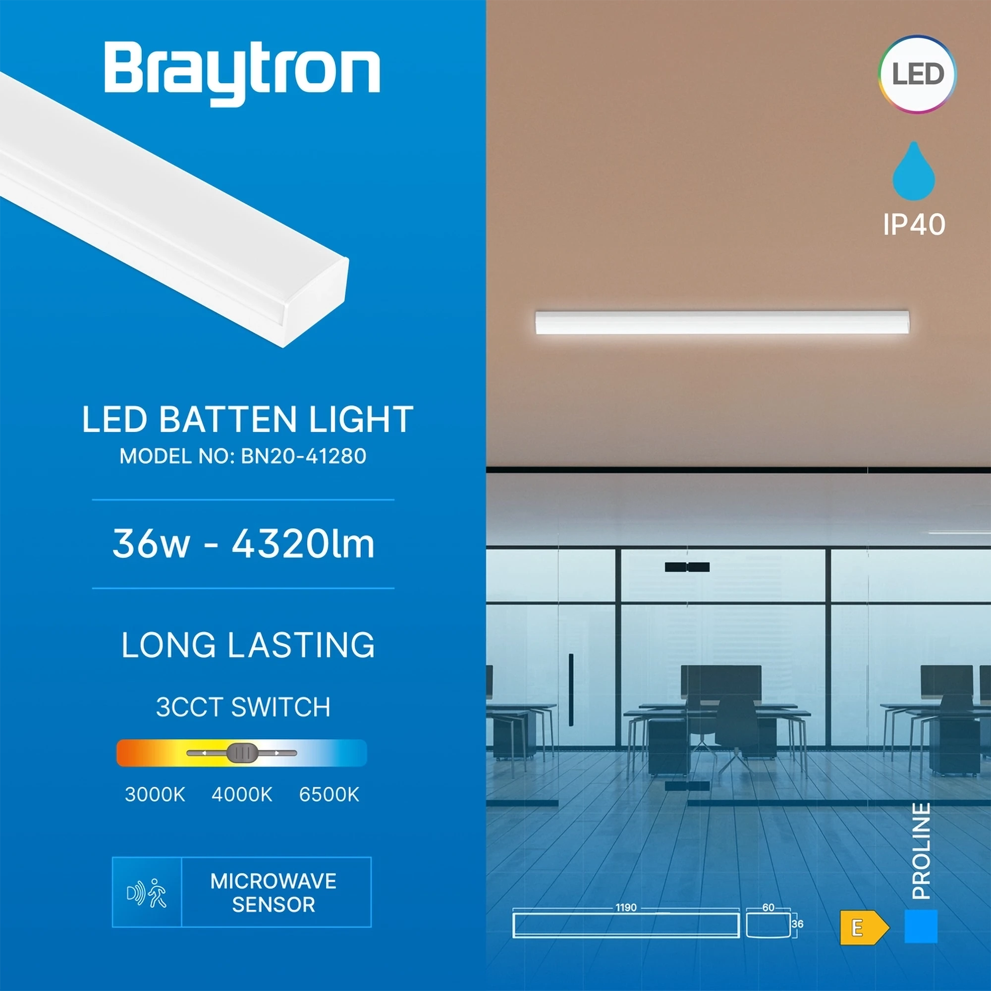 LED linijska svetiljka 1,2 m 36W CCT Braytron ProLine Pro sa senzorom pokreta - Слика 3