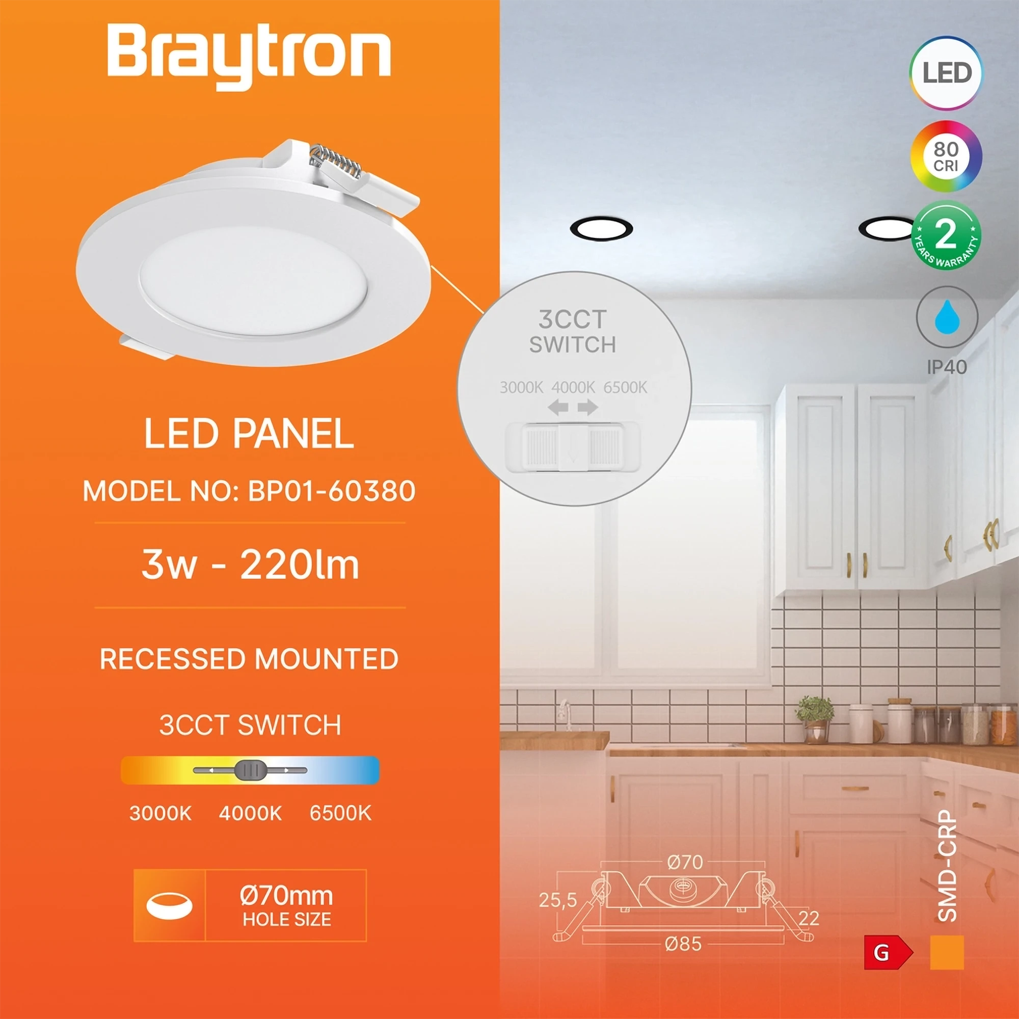 LED panel ugradni okrugli 3" 3W CCT bela Braytron Panel Plus - Слика 3